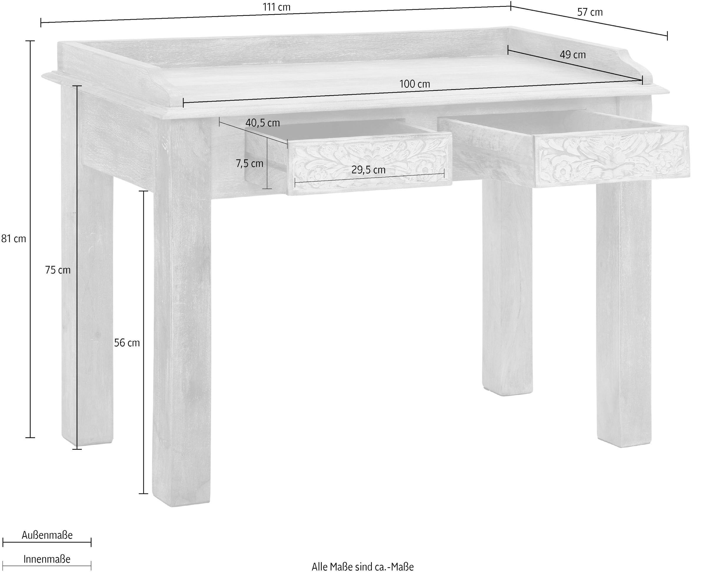 Home affaire Schreibtisch »Lavin« Mangoholz, mit dekorativen Schnitzereien, Handgefertigt, Breite 111 cm