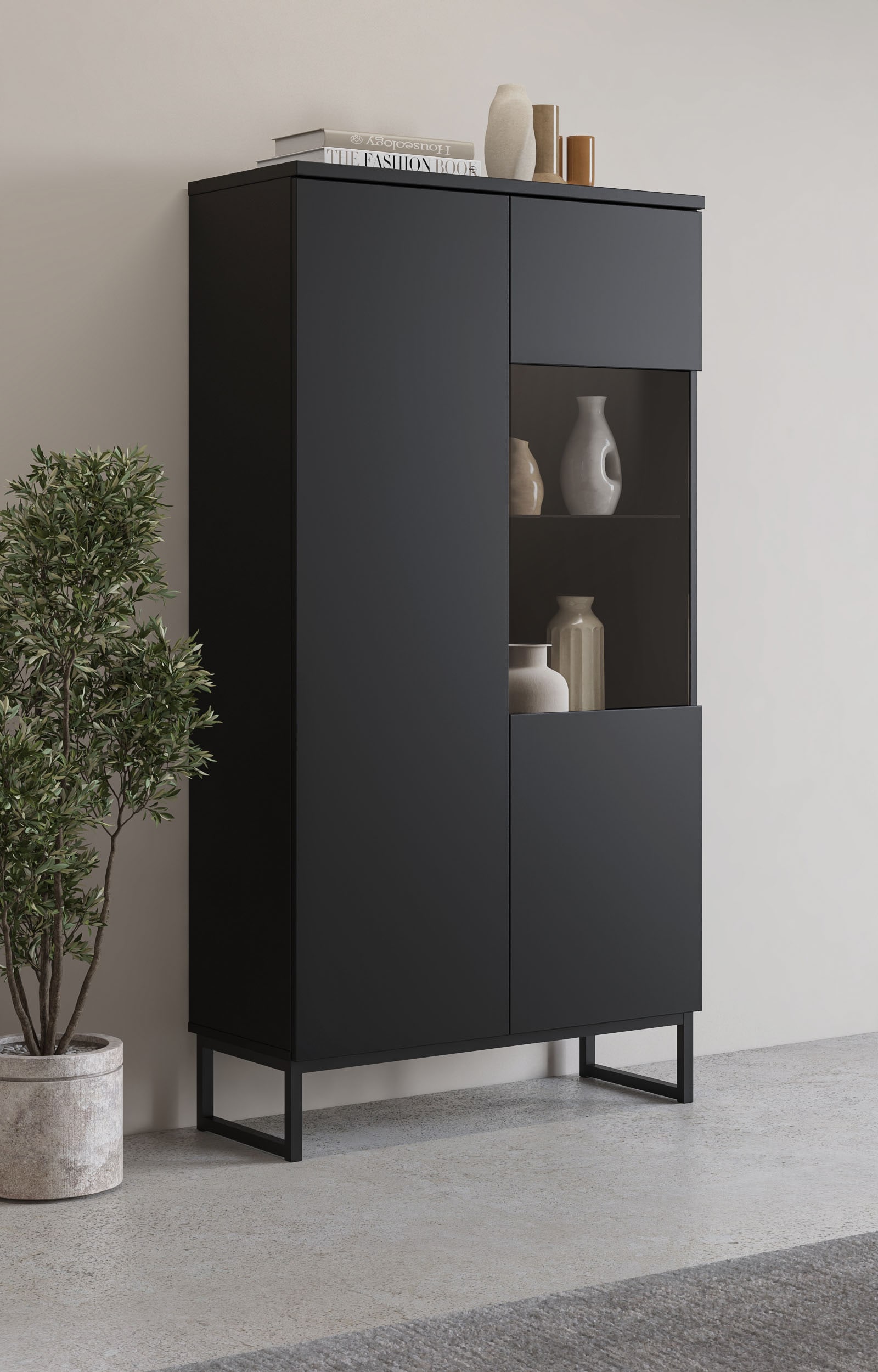 GOODproduct Vitrines »Modo II, Breite 80 cm, moderner griffloser Vitrineschrank« vitrine avec beaucoup d’espace de rangement, étagères réglables, porte en verre, patins en métal