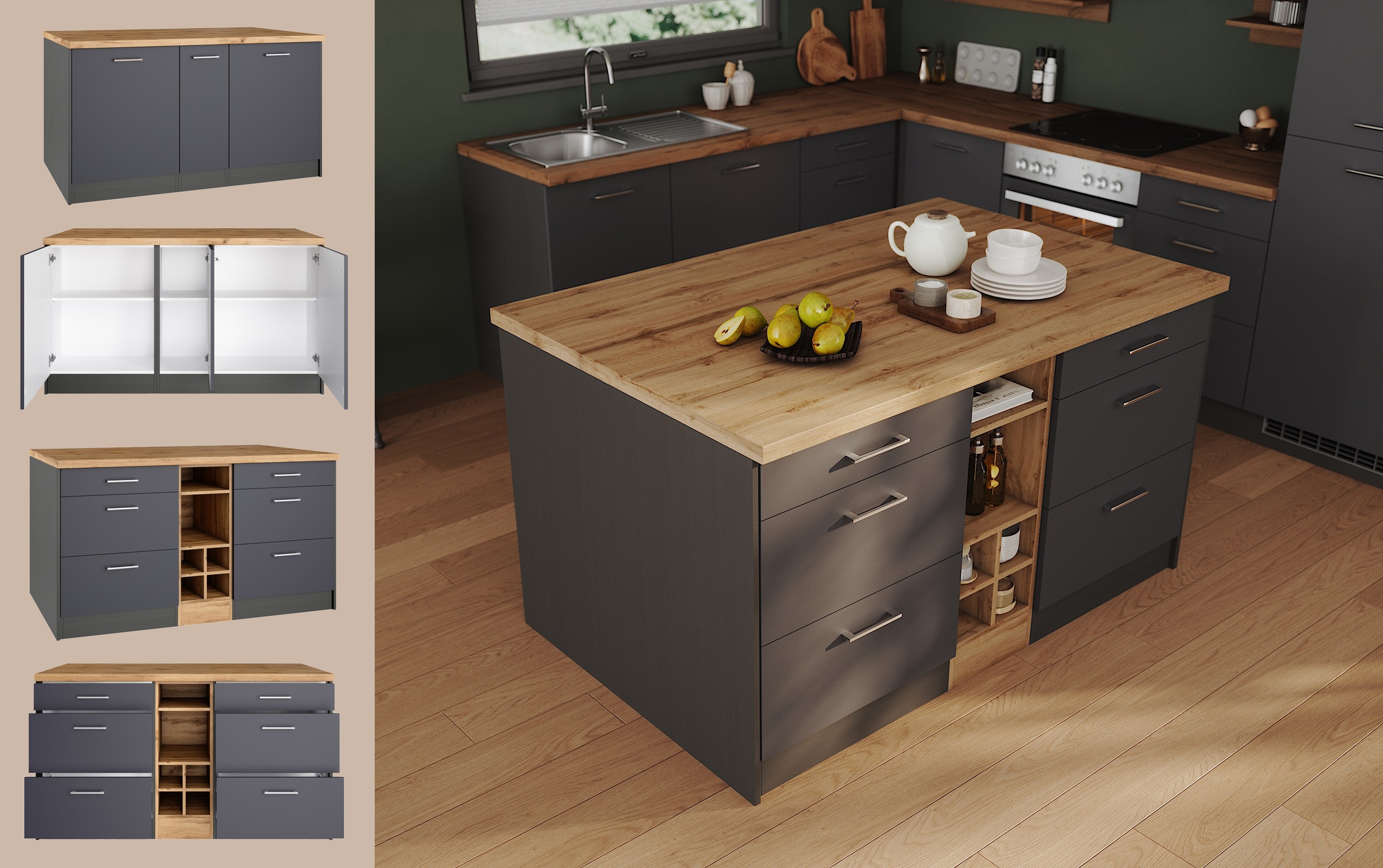 KOCHSTATION Ilot de cuisine »KS-Milan« dimensions 153/100 cm, beaucoup d’espace de rangement, lieu central : cuisine