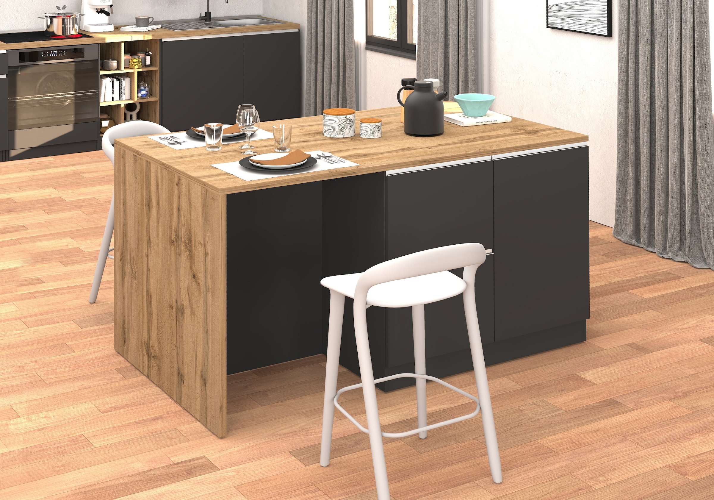 KOCHSTATION Ilot de cuisine »KS-Sole, Kochinsel, Küchenarbeitsblock, Inselküche, Arbeitsinsel« Breite 152,5 cm, mit Essplatz, Handtuchhalter, Fächer und Weinregal