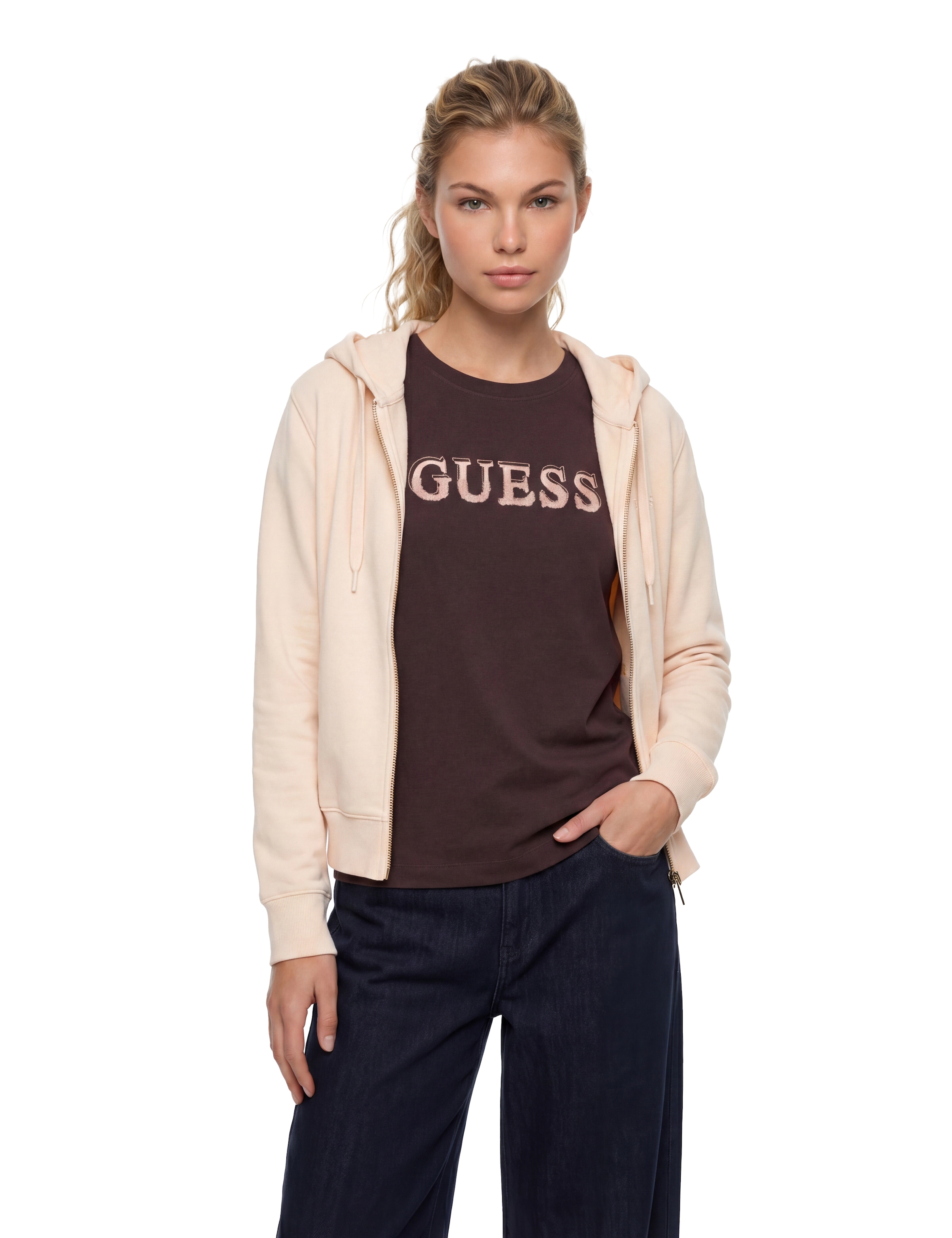 Guess Sweat à capuche »SOFIA ZIPPER SWEATSHIRT« avec broderie de logo, mélange de coton