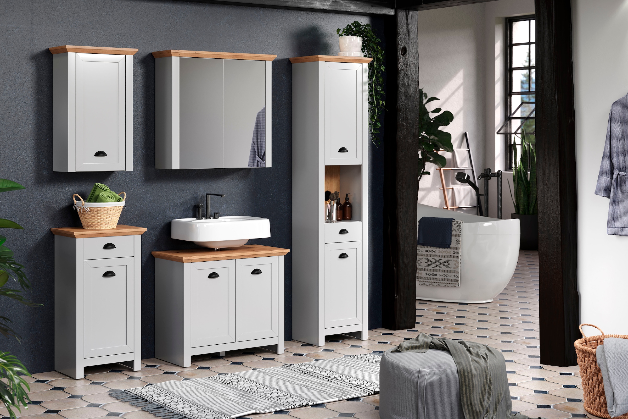 Home affaire Hängeschrank Badschrank mit Muschelgriff im Landhaus-Look - (B/T/H) 46/24/73 cm