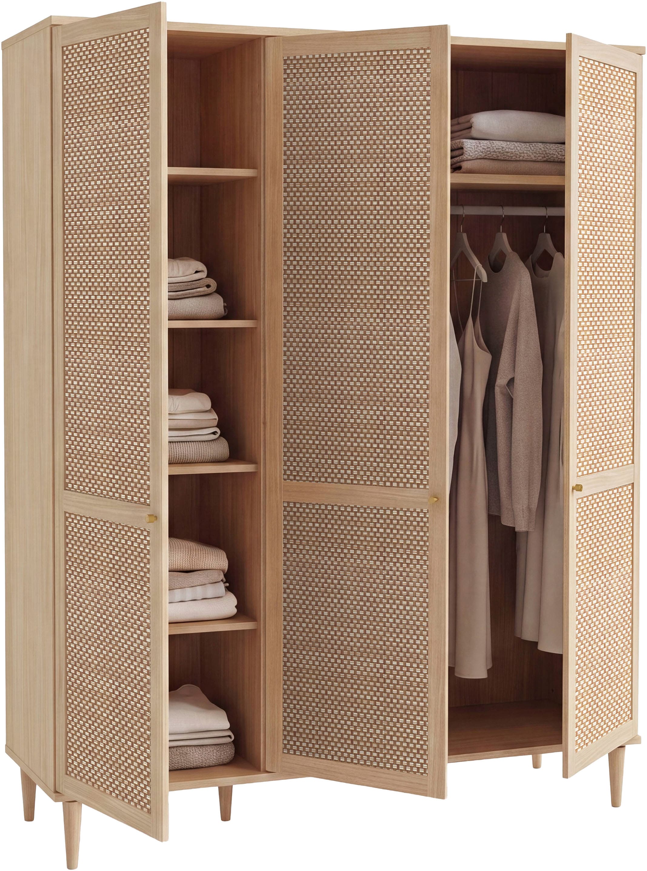 GOODproduct Kleiderschrank »ELLIAN mit Rattan, Wiener Geflechtoptik und warmem Holzdekor« Boho-Stil, Metallgriffe, Made in EU, viel Stauraum, FSC®, Vintage