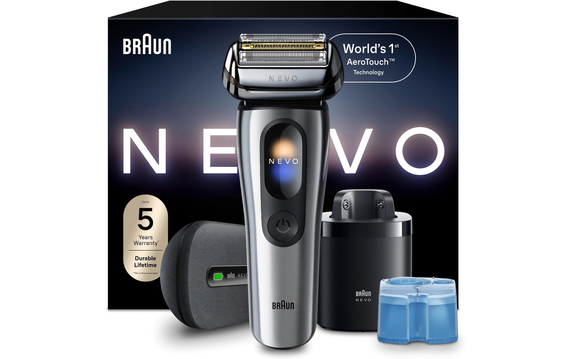 Braun Rasoirs électriques »NEVO 17000cc« station de nettoyage SmartClean Plus Tondeuse de précision intégrée AeroTouch, Écran Intelligent, Système de Soin 7-en-1, Étui de Voyage de Charge, Argent