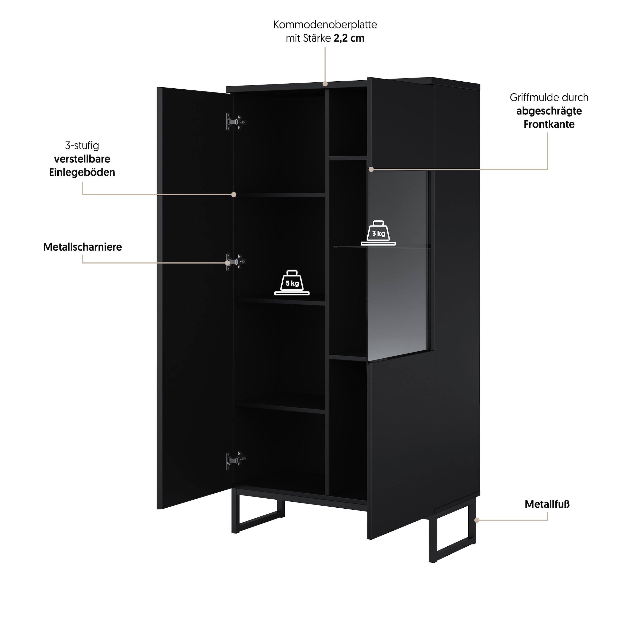 GOODproduct Vitrines »Modo II, Breite 80 cm, moderner griffloser Vitrineschrank« vitrine avec beaucoup d’espace de rangement, étagères réglables, porte en verre, patins en métal