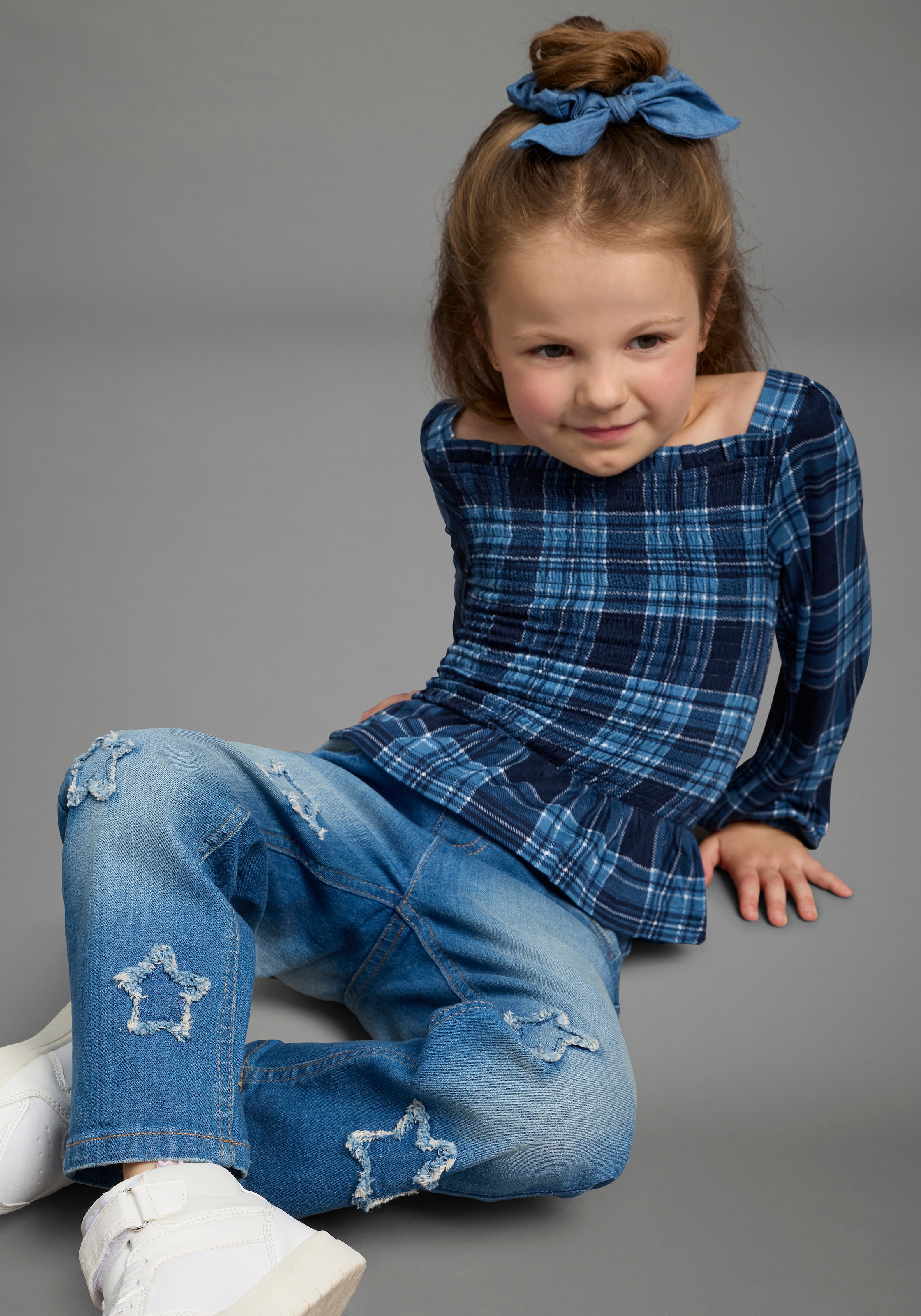 KangaROOS T-shirt à manches longues »Kariertes KangaROOS Viskose-Shirt mit Smoke-Partie« T-shirt en viscose doux avec manches bouffantes, à carreaux, bas smocké