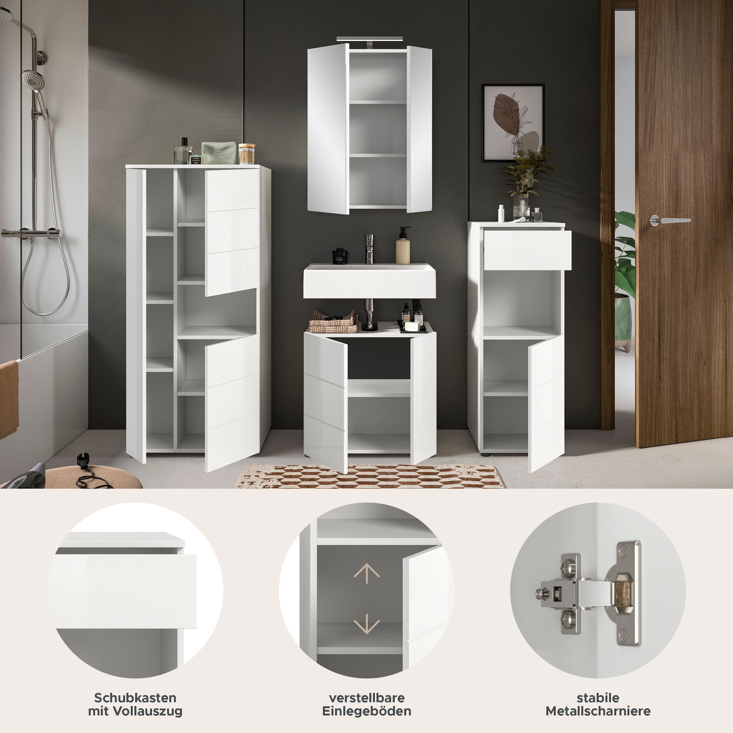 welltime Ensemble de meubles de salle de bain »Biel, Höhe 190 cm,Hochschrank,WBU, Spiegelschrank, Unterschrank, Lampe« 5 cuis tlg.