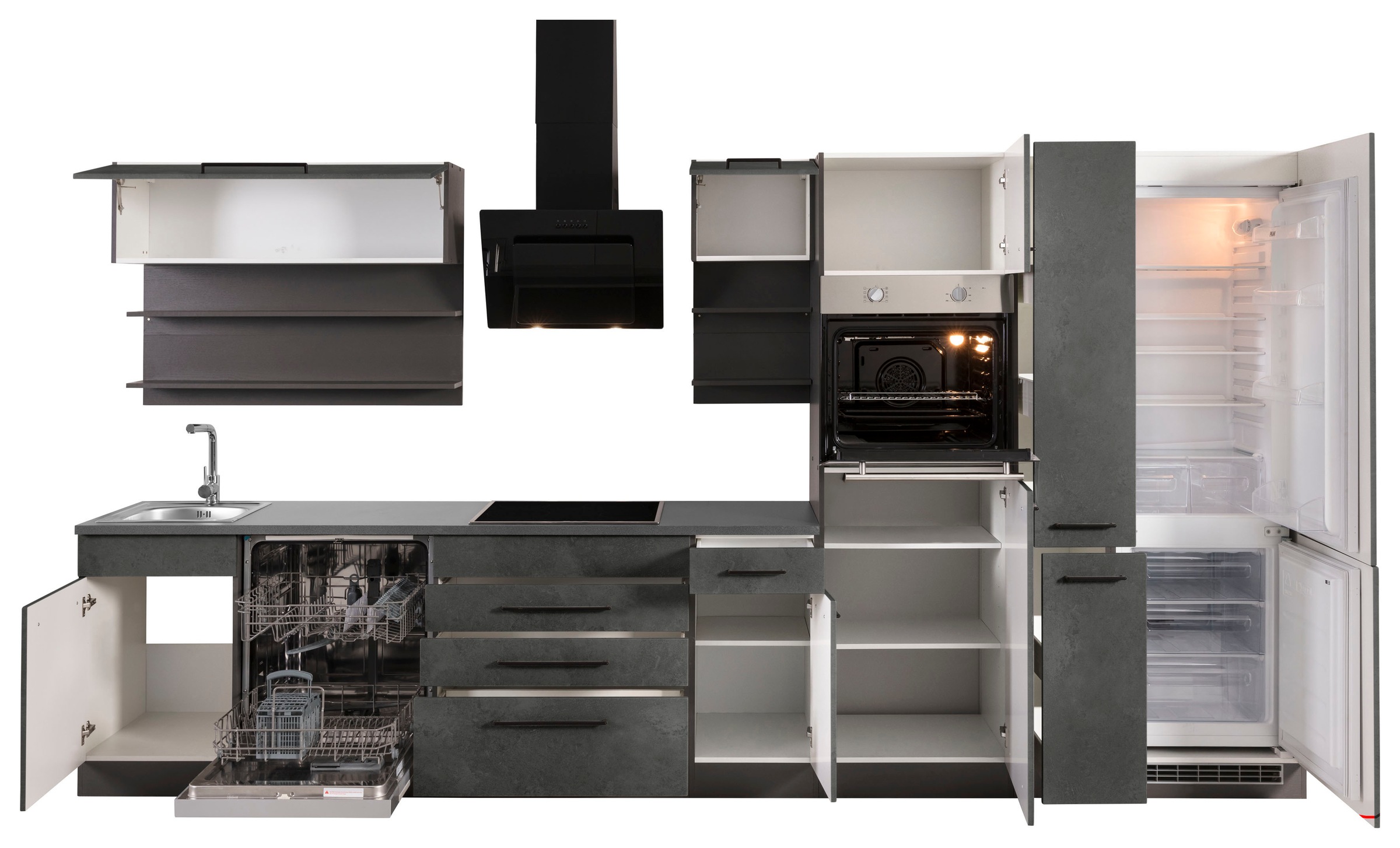 KOCHSTATION Küchenzeile »KS-Tulsa« ohne E-Geräte, Breite 380 cm, schwarze Metallgriffe, MDF Fronten