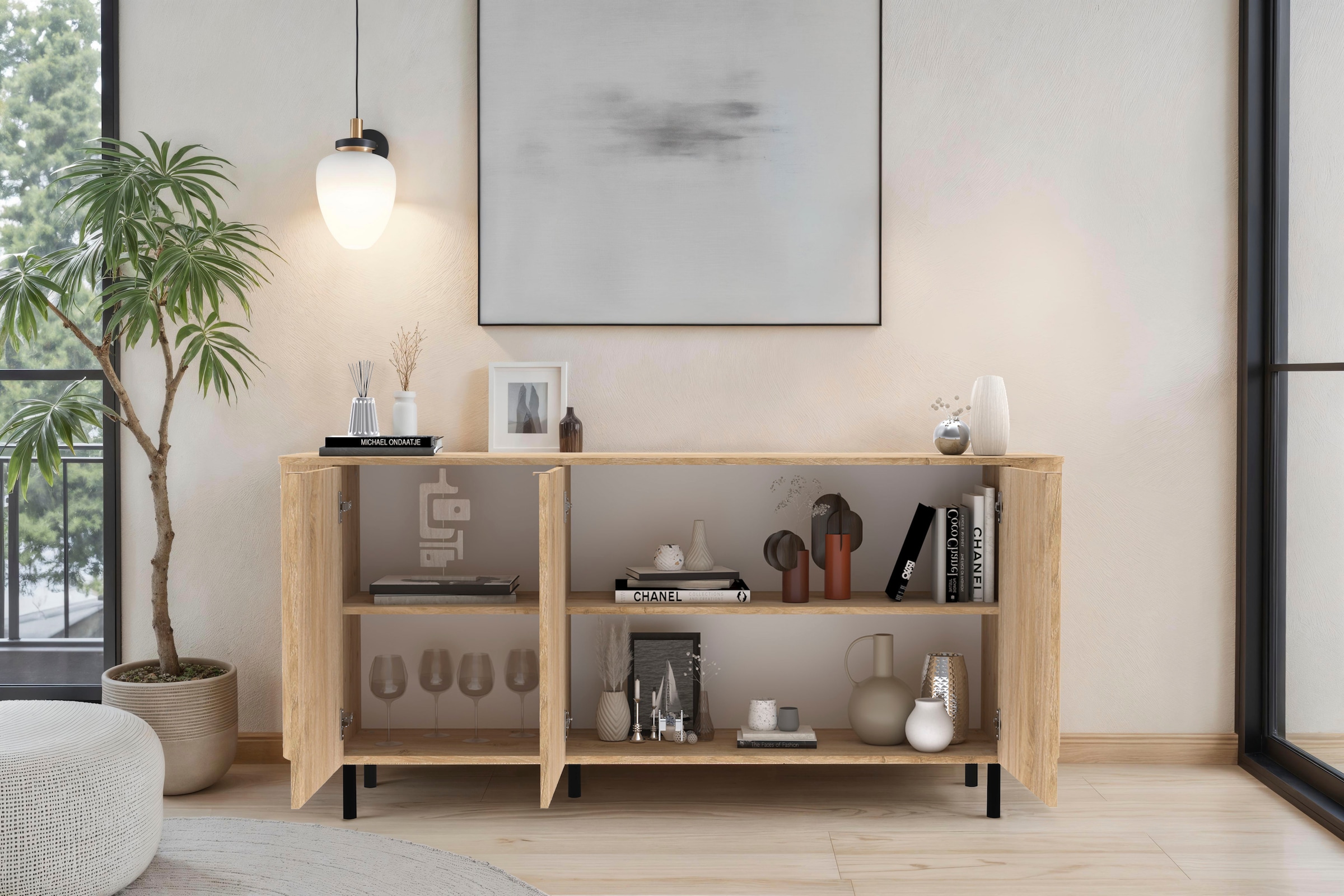 Home affaire Sideboard »Murano, 181 cm breit, 3 Türen, Anrichte, Kommode, Stauraumschrank« Formgebogenes MDF, Stirnseiten mit Rundung, Füsse und Griffe aus Metall