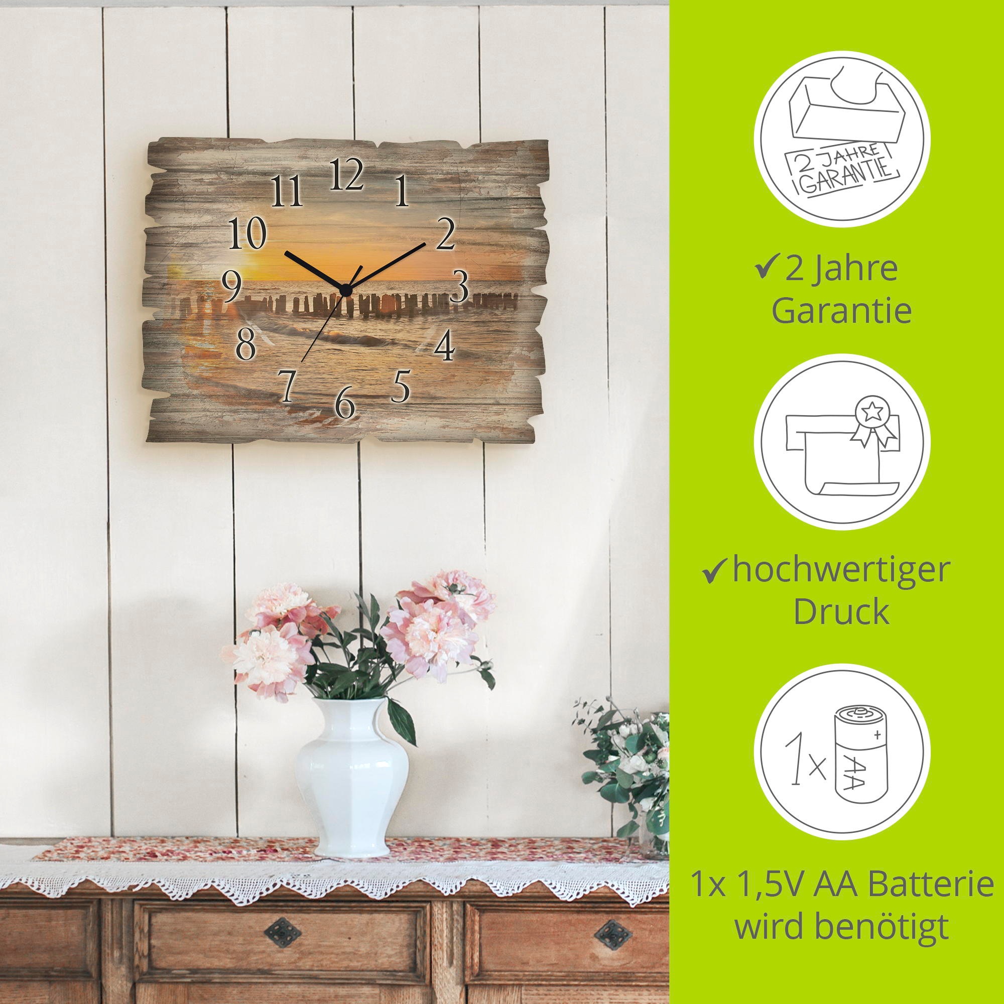 Artland Horloge murale »Schöner Sonnenuntergang am Strand« wahlweise mit Quarz- oder Funkuhrwerk, lautlos ohne Tickgeräusche