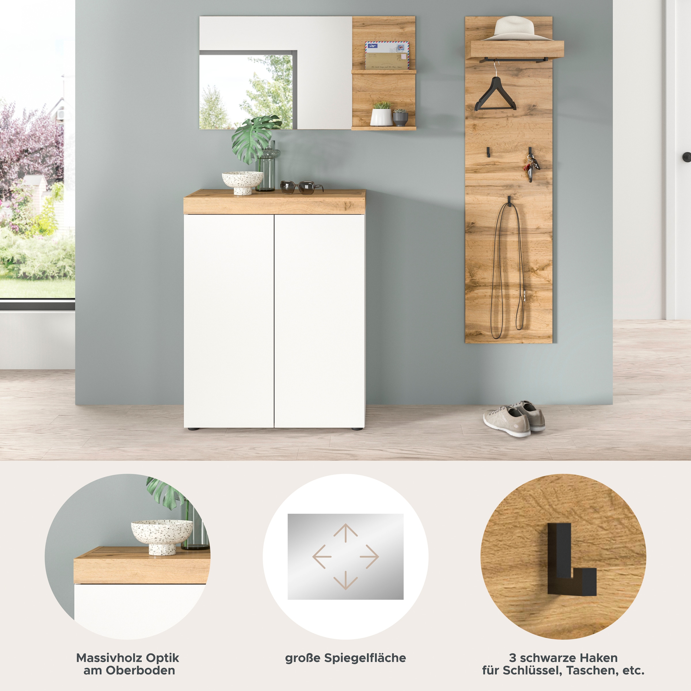 GOODproduct Ensemble de vestiaires »MAMBO, TOPSELLER!, 3-teilige Kombination, stehend & hängend montierbar« bestehend aus: Kommode, Spiegel, Garderobenpaneel, 3 cuis tlg.