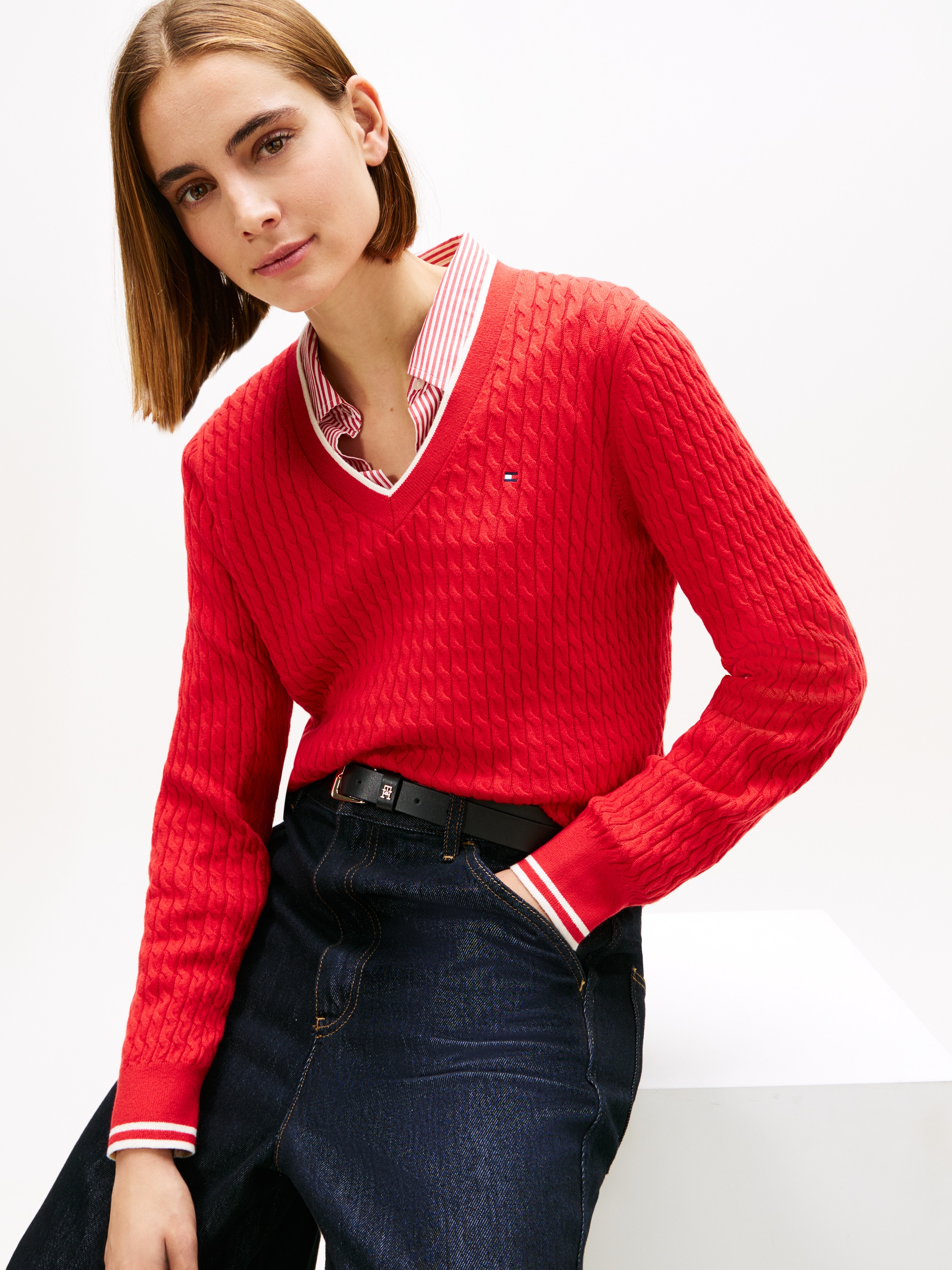 Tommy Hilfiger Pull col V »CO CABLE V-NK LS SWT« mit Zopfmuster, Logostickerei