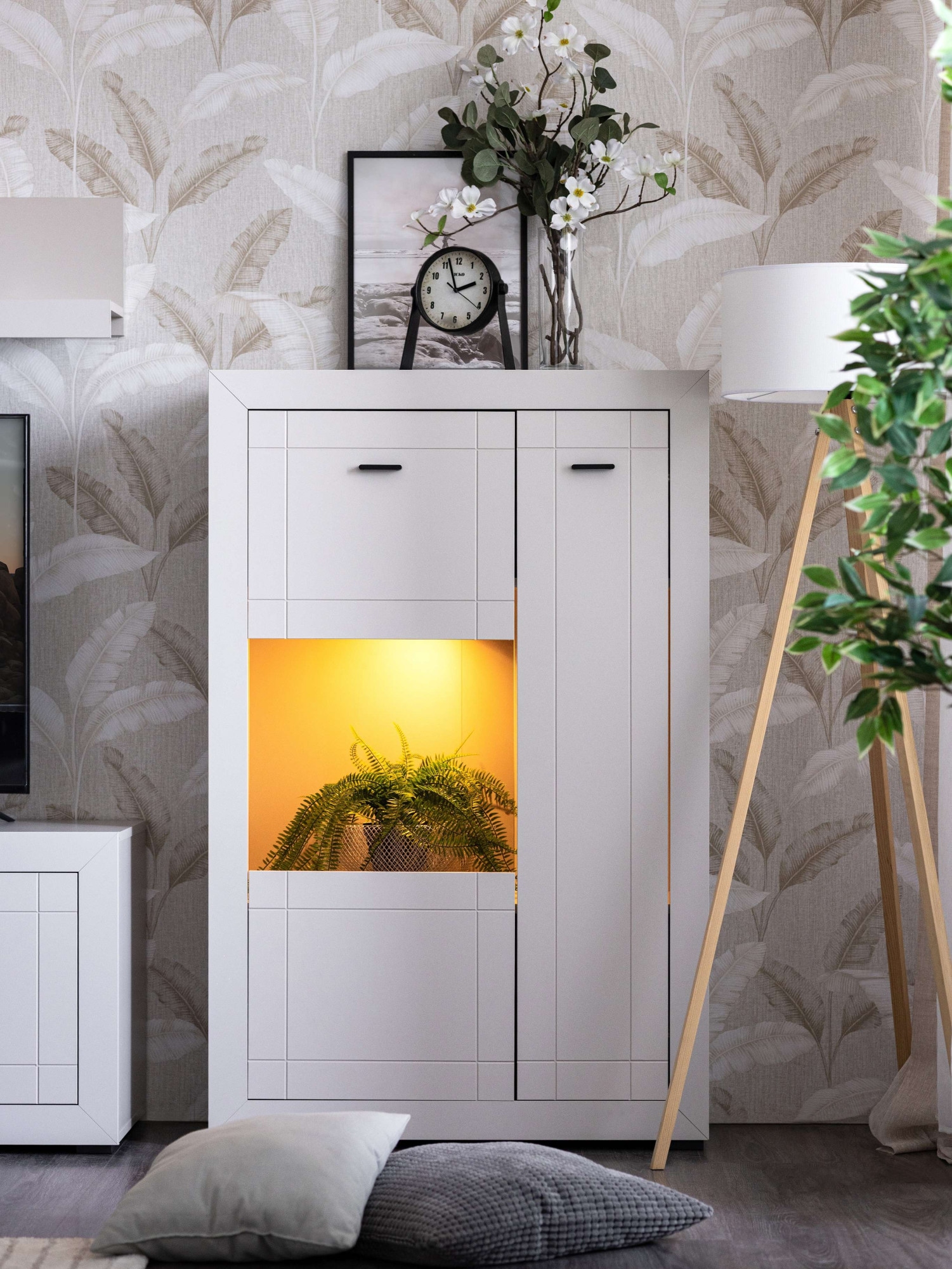 Home affaire Buffet haut »Warwick, Hochkommode, Vitrine, Glasvitrine, Kombi-Highboard« Modernes Highboard: Kaschmir-Dekor, 2 Türen, Heissfolienprägung