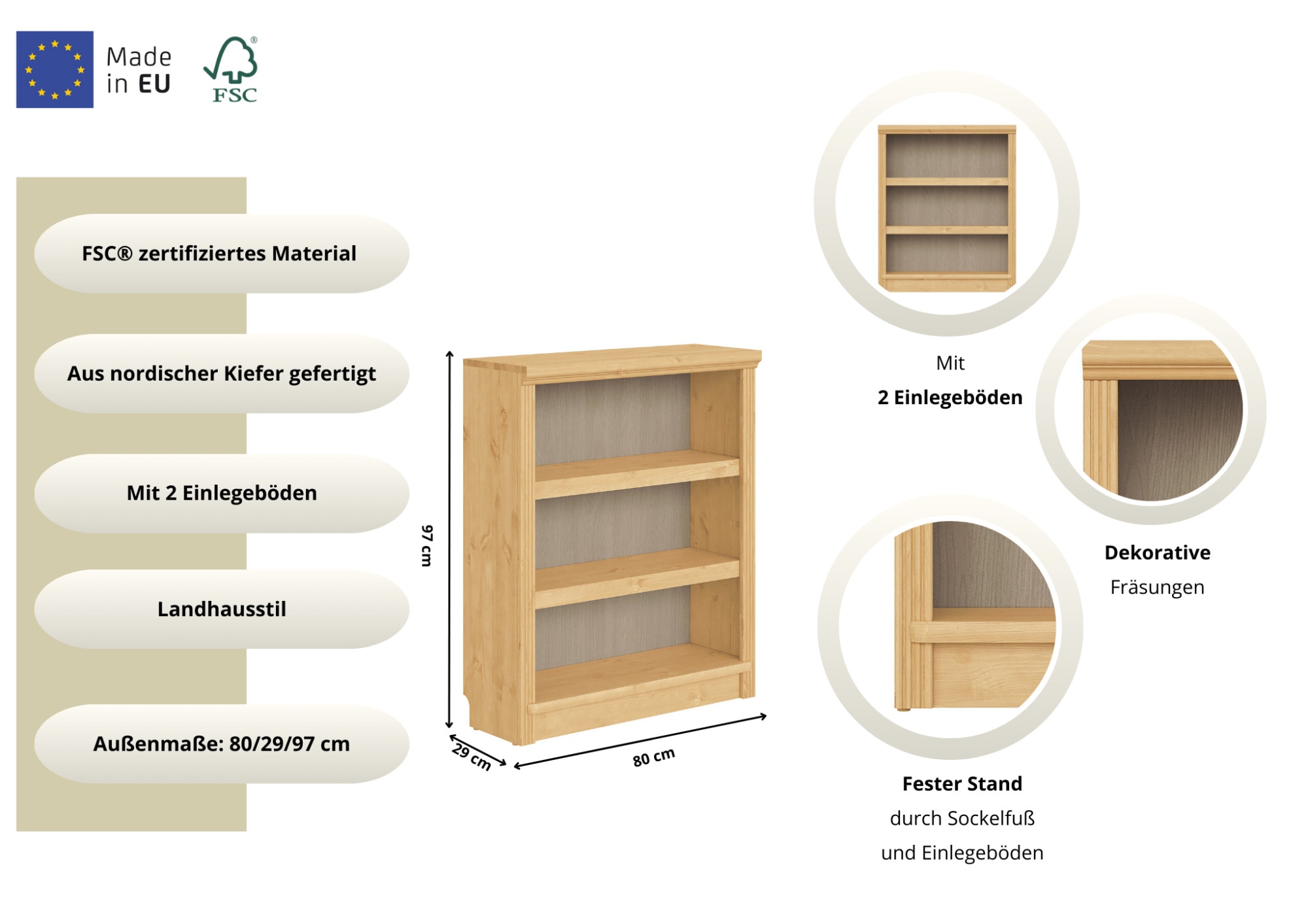 GOODproduct Standregal »Soeren Regal Bücherregal B/T/H: 80/29/97 cm« massive Kiefer, FSC®-zertifiziert