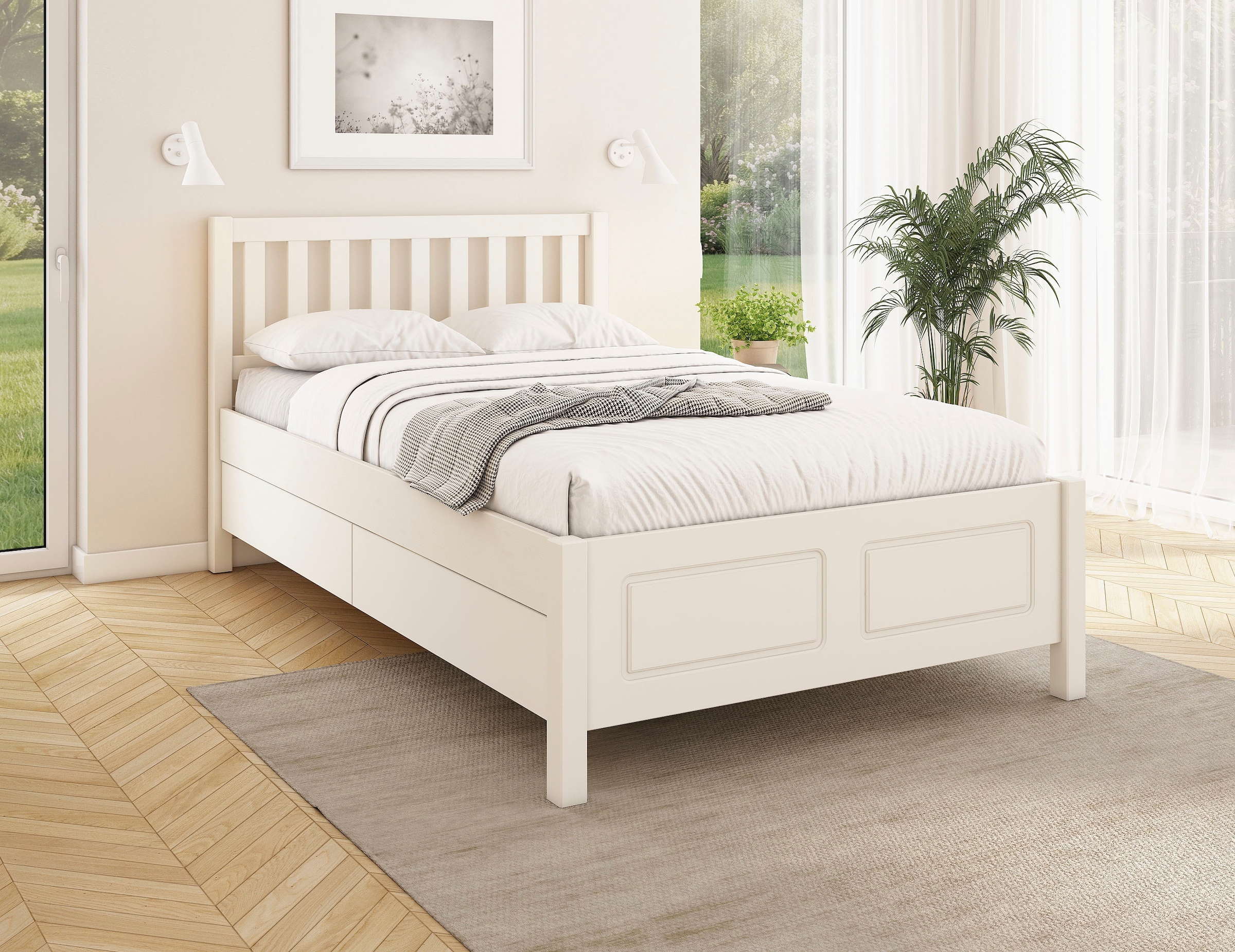 GOODproduct Lit de rangement »Synnra, maximaler Stauraum, 4 Schubladen, Made in EU, Landhausstil« certifié FSC®, façade à caissons, solution de rangement et confort