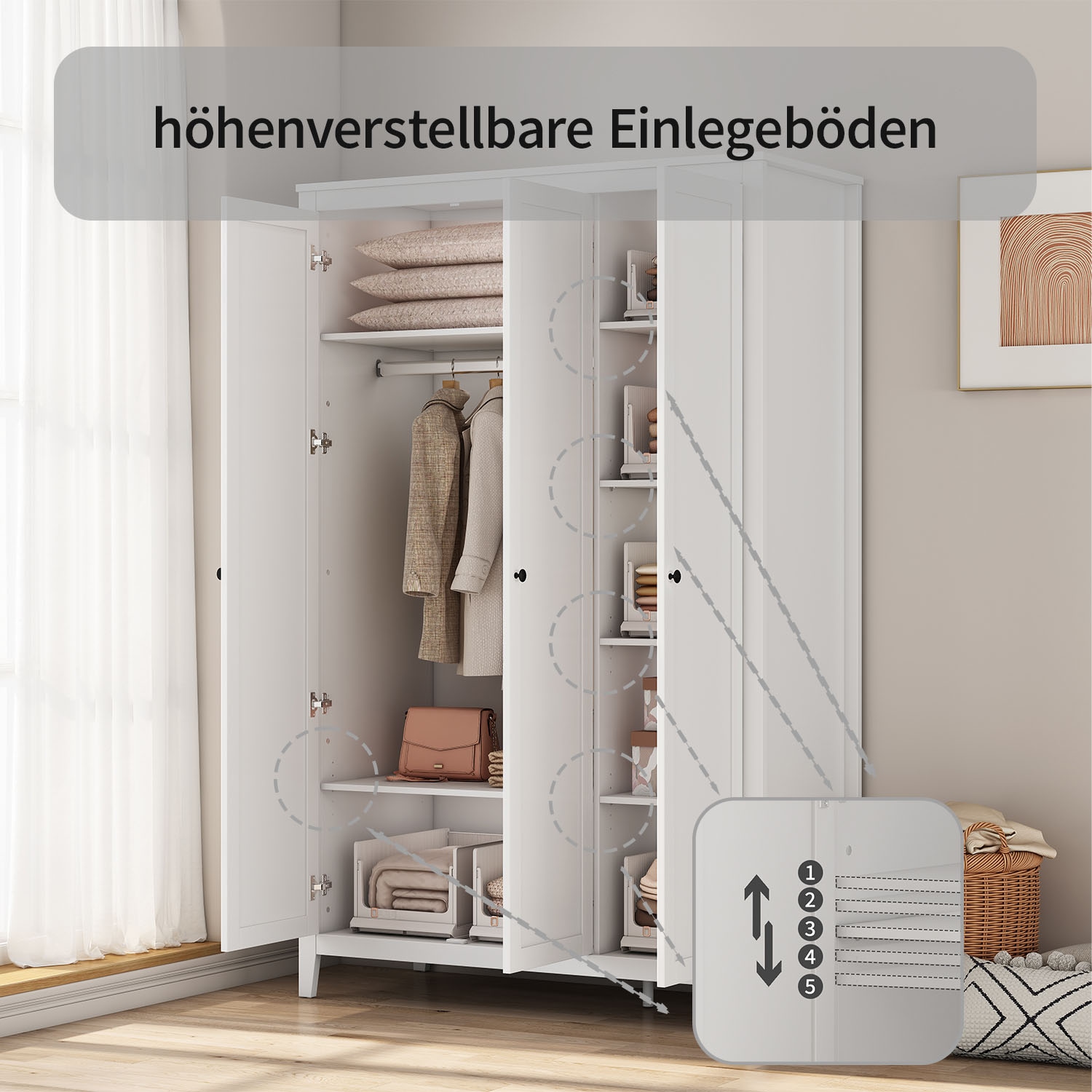GOODproduct Kleiderschrank »Borkum Sideboard Anrichte mit 6 Schubladen Landhaus weiss« hochwertige schwarze Griffe aus Metall,  Schlafzimmerschrank mit 6 Böden und Kleiderstange, 3 Türen