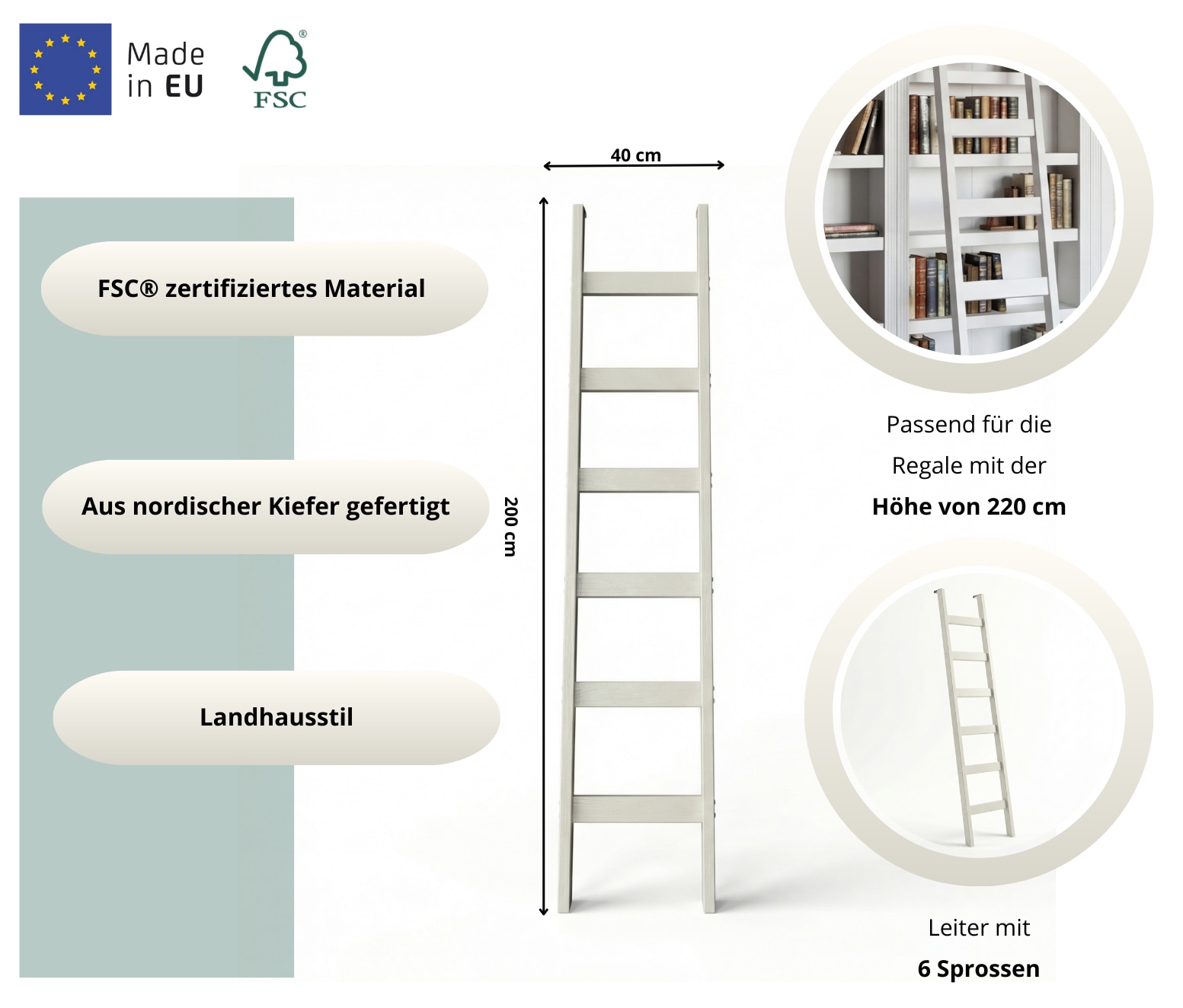 GOODproduct Étagère à échelle »Soeren Leiter B/T/H: 40/1,8/190 cm, massive Kiefer, FSC®-zertifiziert« passend für Regal Soeren Höhe 220 cm, funktionales Design