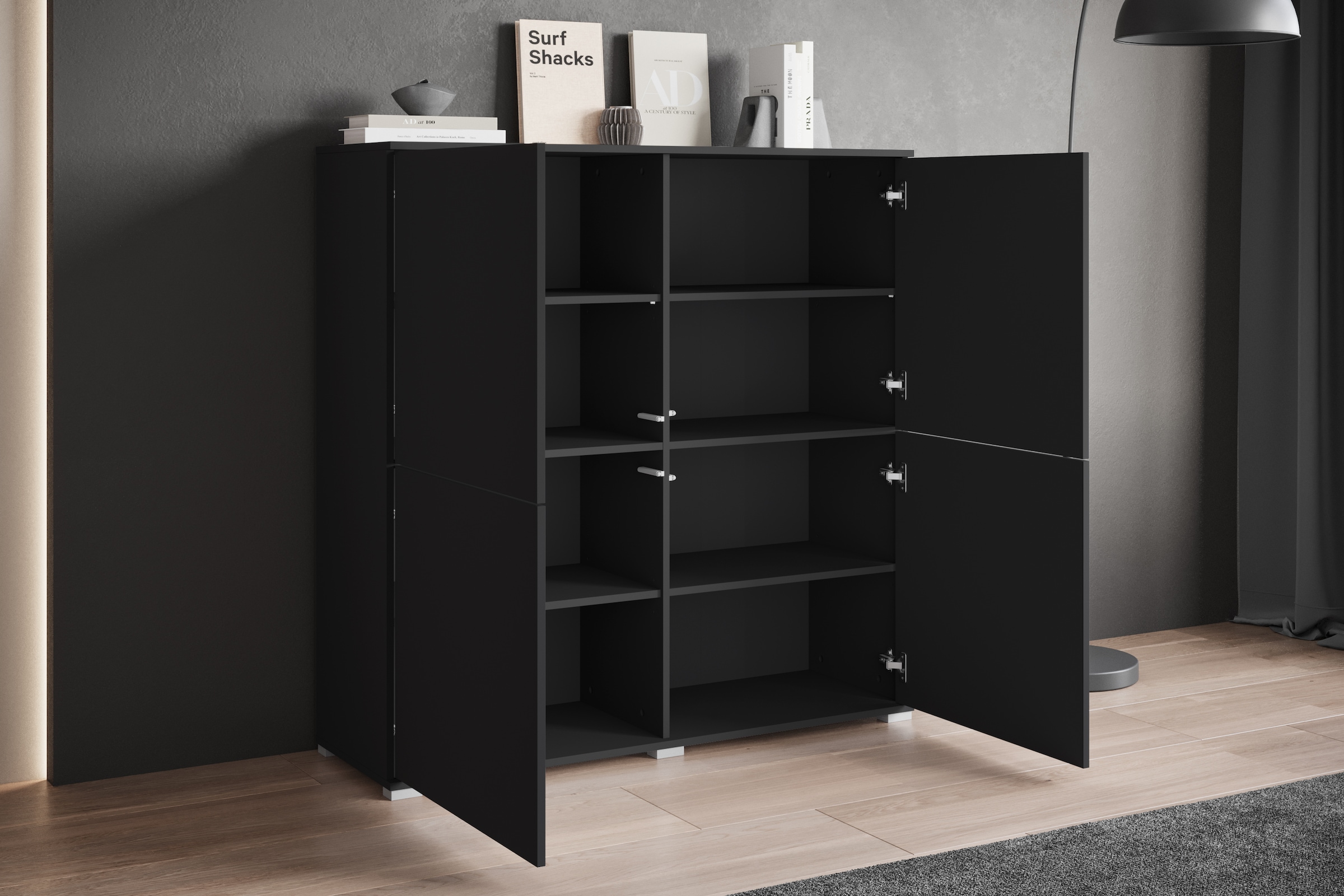 GOODproduct Buffet haut »Kenia, moderne grifflose Hochkommode mit 4 Türen, Breite 120 cm« 1 cuis tlg. façades push-to-open, étagères réglables en hauteur