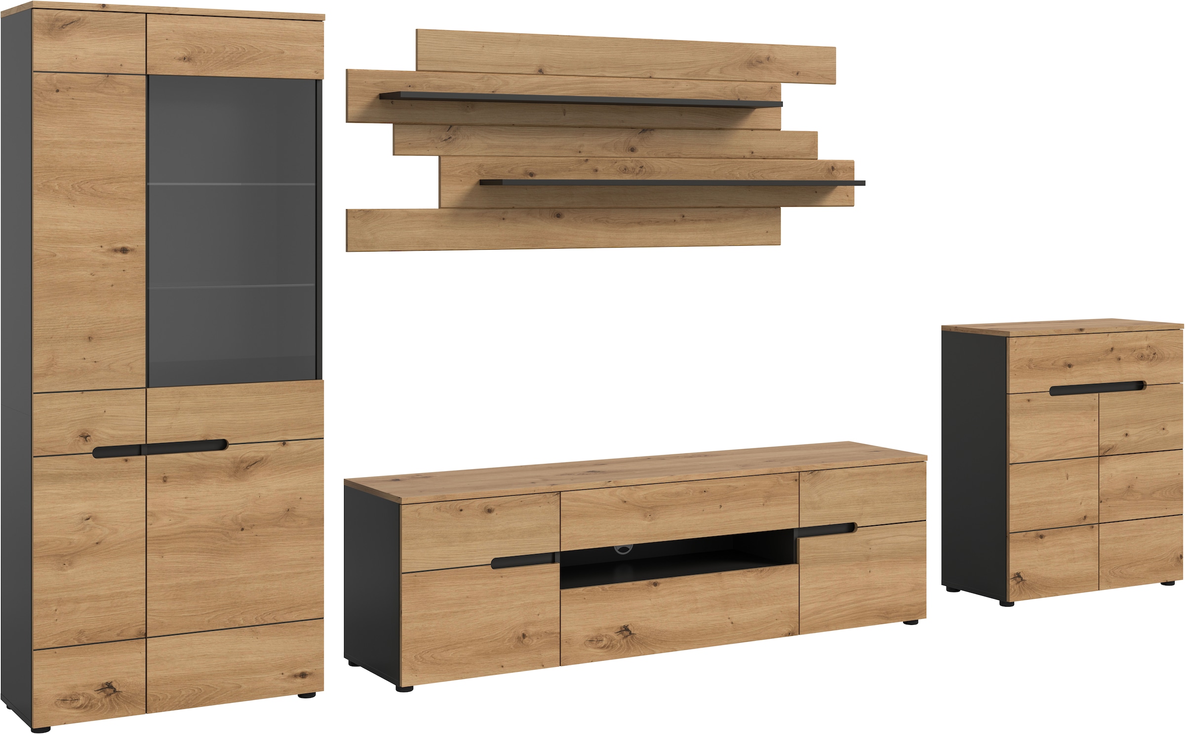 Home affaire Wohnwand »REHAT, TOPSELLER!, 4-teilig, Breite 375 cm, individuell stellbar« Set bestehend aus: Vitrine, Lowboard, Wandboard und Kommode, 4 Stk. tlg.