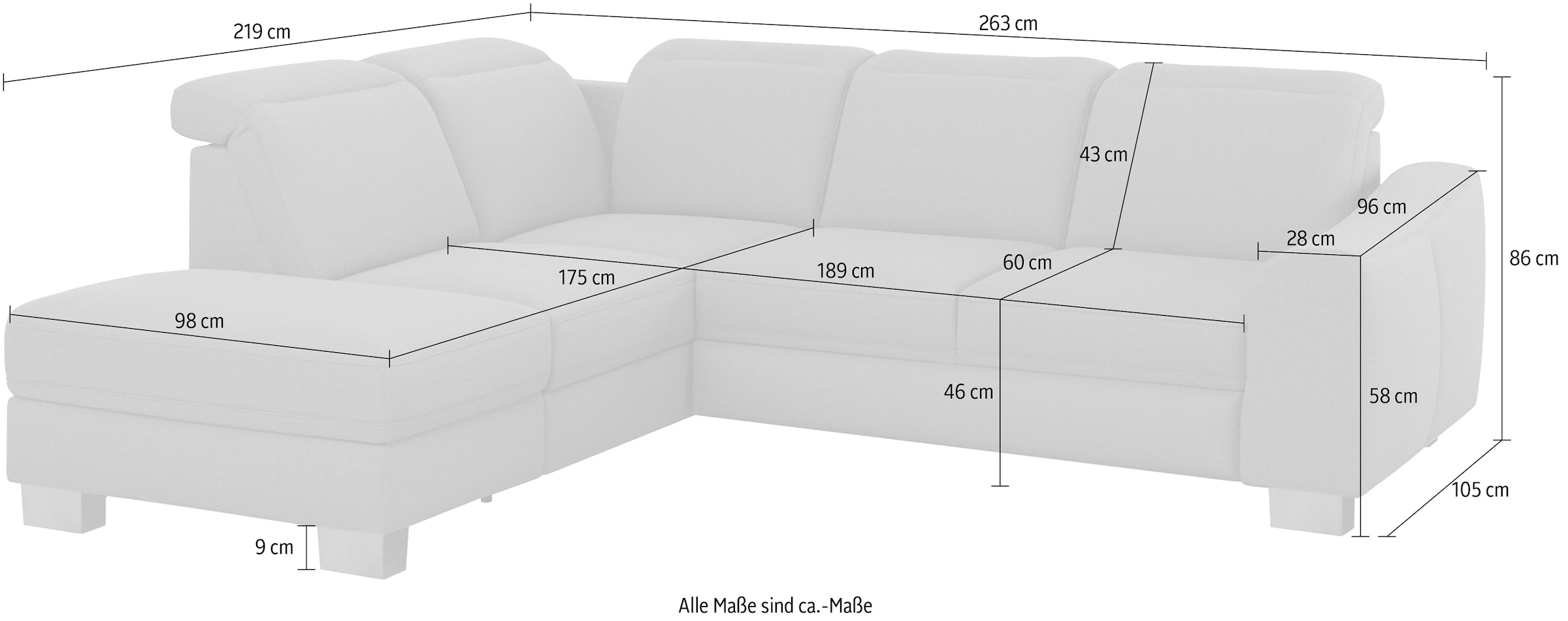 sit&more Ecksofa »Dundee L-Form« mit Federkern und Edelstahlfüssen, wahlweise mit Kopfteilverstellung