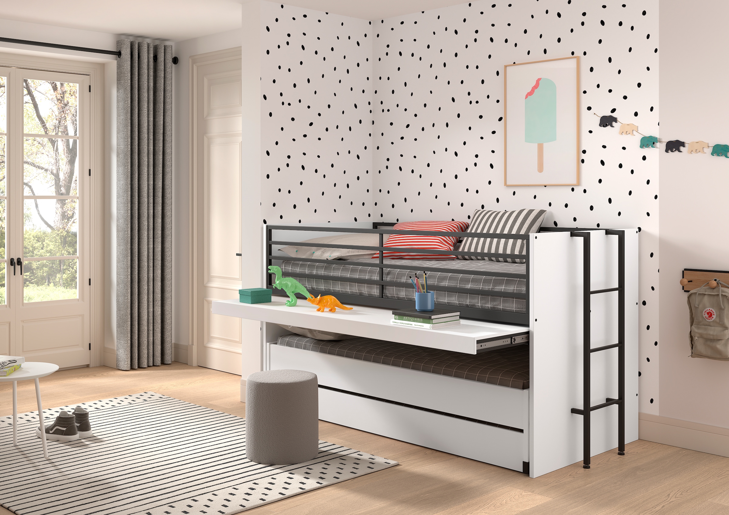 Vipack Lit superposé »praktisches Etagenbett mit viel Funktion, 2 Dekore zur Wahl« L/H/P env. 219x114x98 cm, échelle métal et protection anti-chute noire,  pour petits espaces, 2 surfaces de couchage, tiroir-lit, incl. bureau