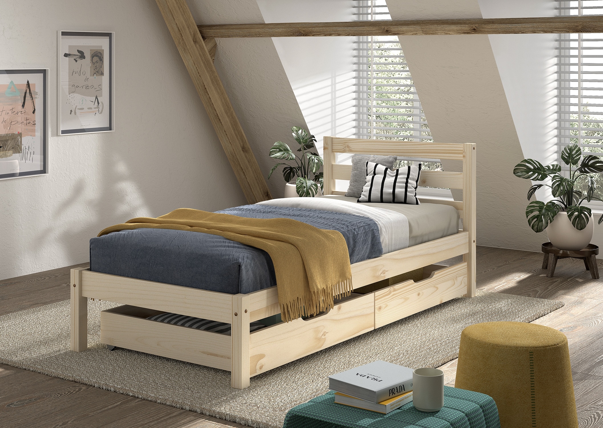 Vipack Lit en bois massif »Pino, universell einsetzbar, gradliniges Design, Made in Europe« L/H/P env. 211x84,4x97,5 cm, surface de couchage 90/200 cm, avec 2 tiroirs,  incl. sommier à lattes, pin massif, naturel ou laqué blanc