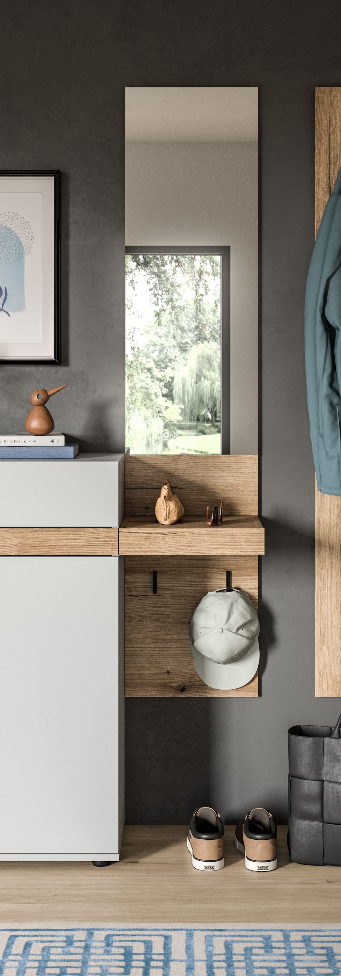 INOSIGN Garderobenspiegel Oran, Spiegel, Evoke Oak, grosse Spiegelfläche, Ablagefläche, Haken,