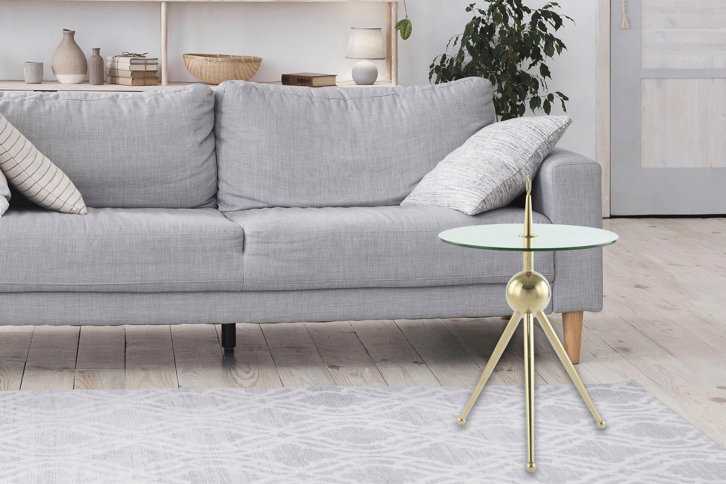 Kayoom Beistelltisch »Ontario 325, Runde  Glasplatte aus Sicherheitsglas, 100% Edelstahl« 1 Stk. tlg. Minimalistisch, Gestell in Tripod-Design, mit Tragering