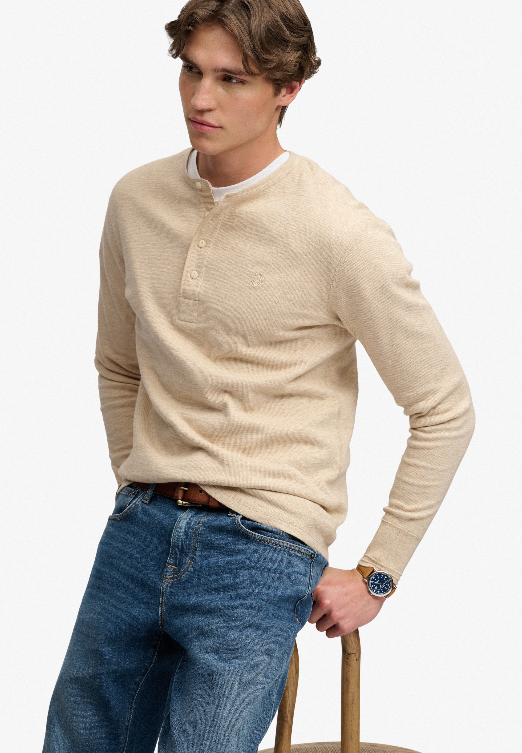 Superdry T-shirt à manches longues »MINI SLUB WAFFLE LS GRANDAD« Coupe ample, col rond, en coton
