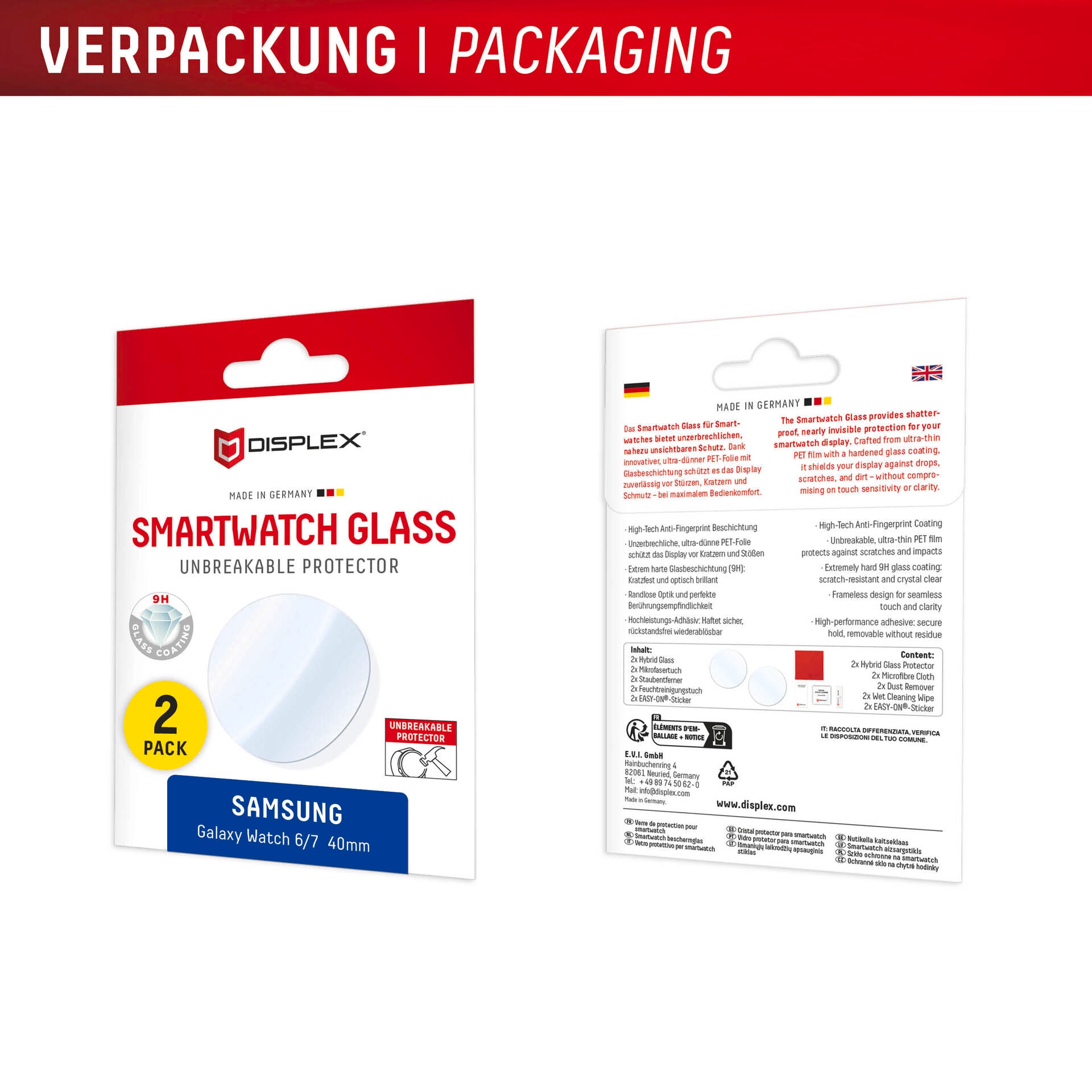 Displex Verre de protection d'écran »Smartwatch Glass Unbreakable Protector« für Samsung Galaxy Watch6 40 mm;Samsung Galaxy Watch7 40 mm Packung, 2x Hybrid Glass,  Displayschutzfolie, Schutzfolie, Bildschirmschutz, kratz- & stossfest