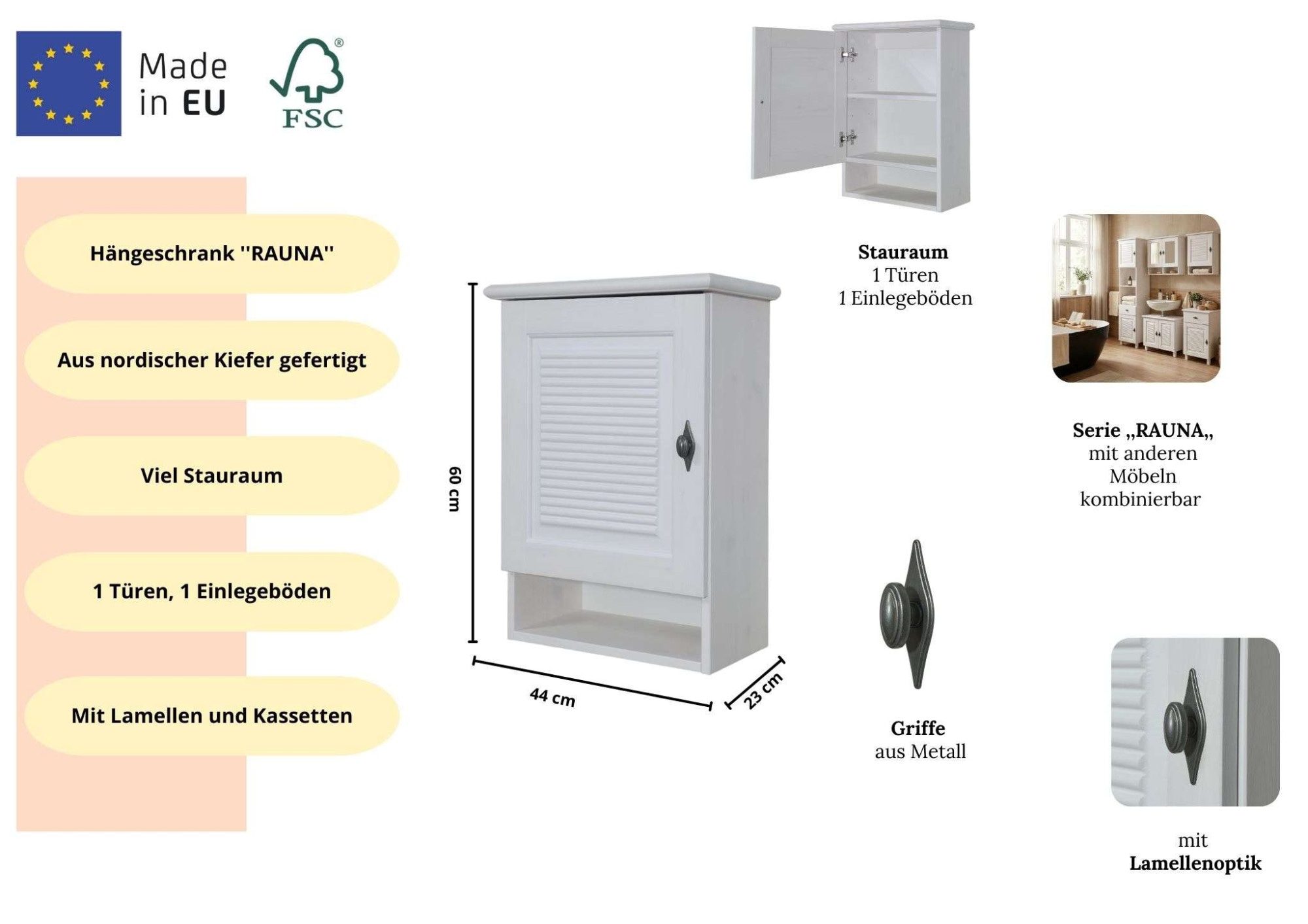 GOODproduct Hängeschrank »Rauna« aus massiver Kiefer, Breite 44 cm, Rillenoptik, made in EU