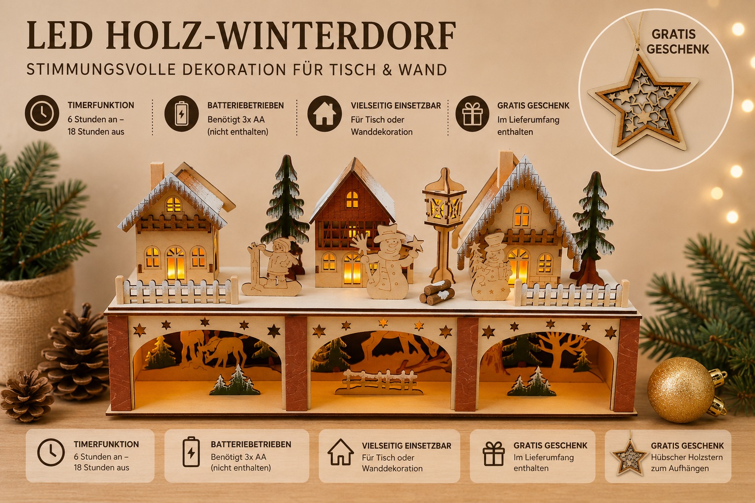 GOODproduct LED Dekoobjekt »Weihnachtsdekoration aus Holz« 1 Stk. Warmweiss mehrdimensionale Szenerie, Gratis-Hänger, 6h-Timer, Höhe 22 cm