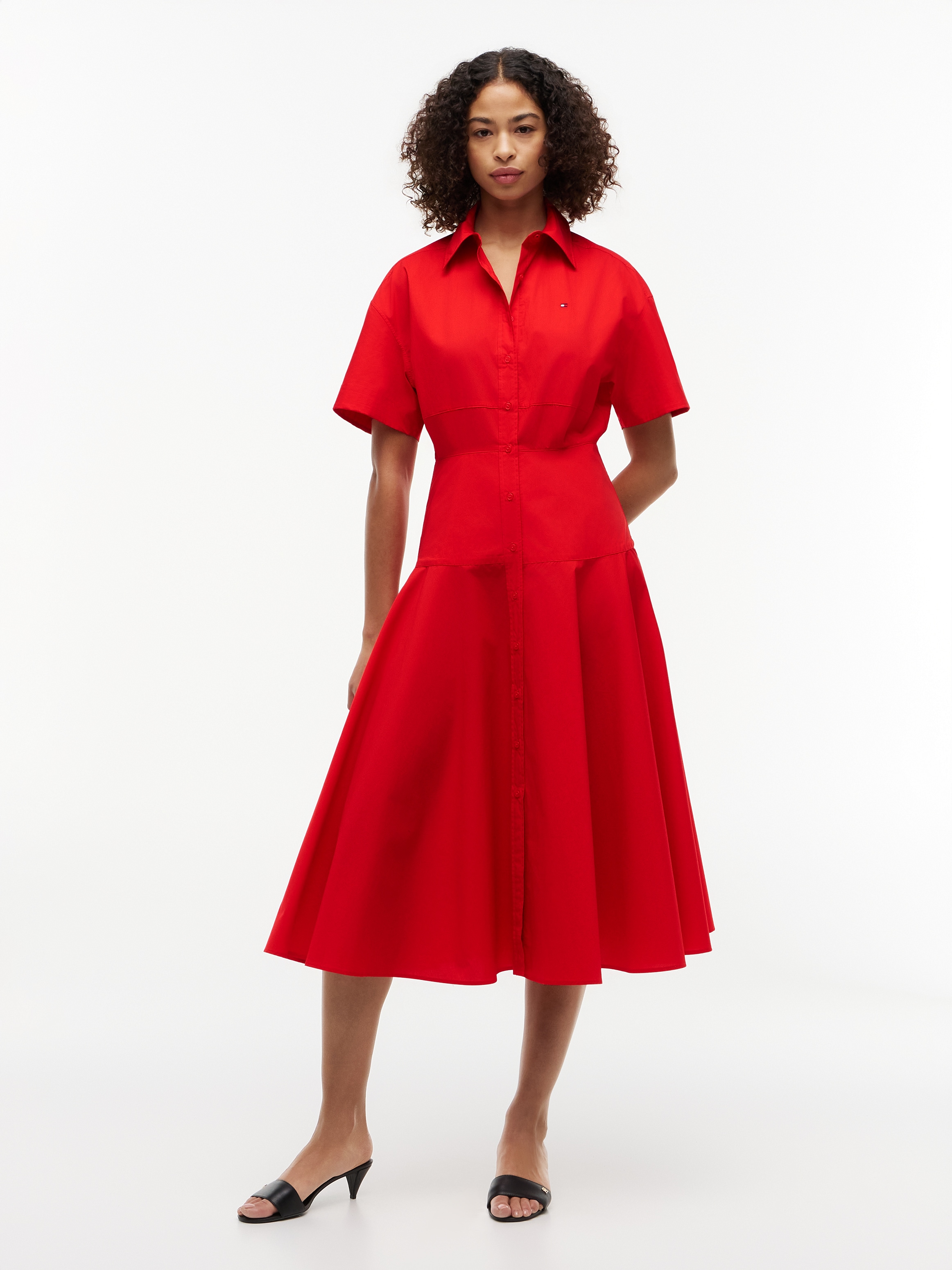 Tommy Hilfiger Blusenkleid »POPLIN FLRE SS MIDI SHRT DRS« Ohne Tasche Baumwolle