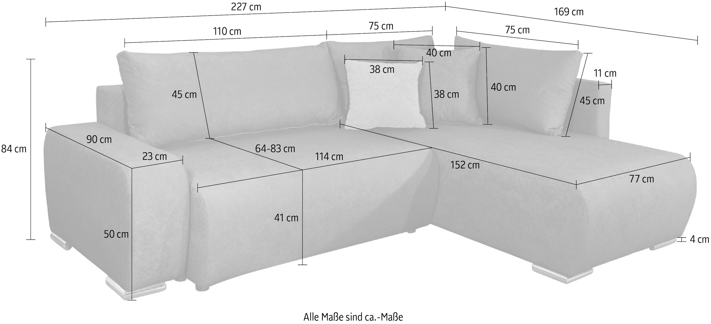 COLLECTION AB Ecksofa »Poppy, L-Form, Breite 227 cm mit Schlaffunktion« inkl. Schlaffunktion und Bettkasten