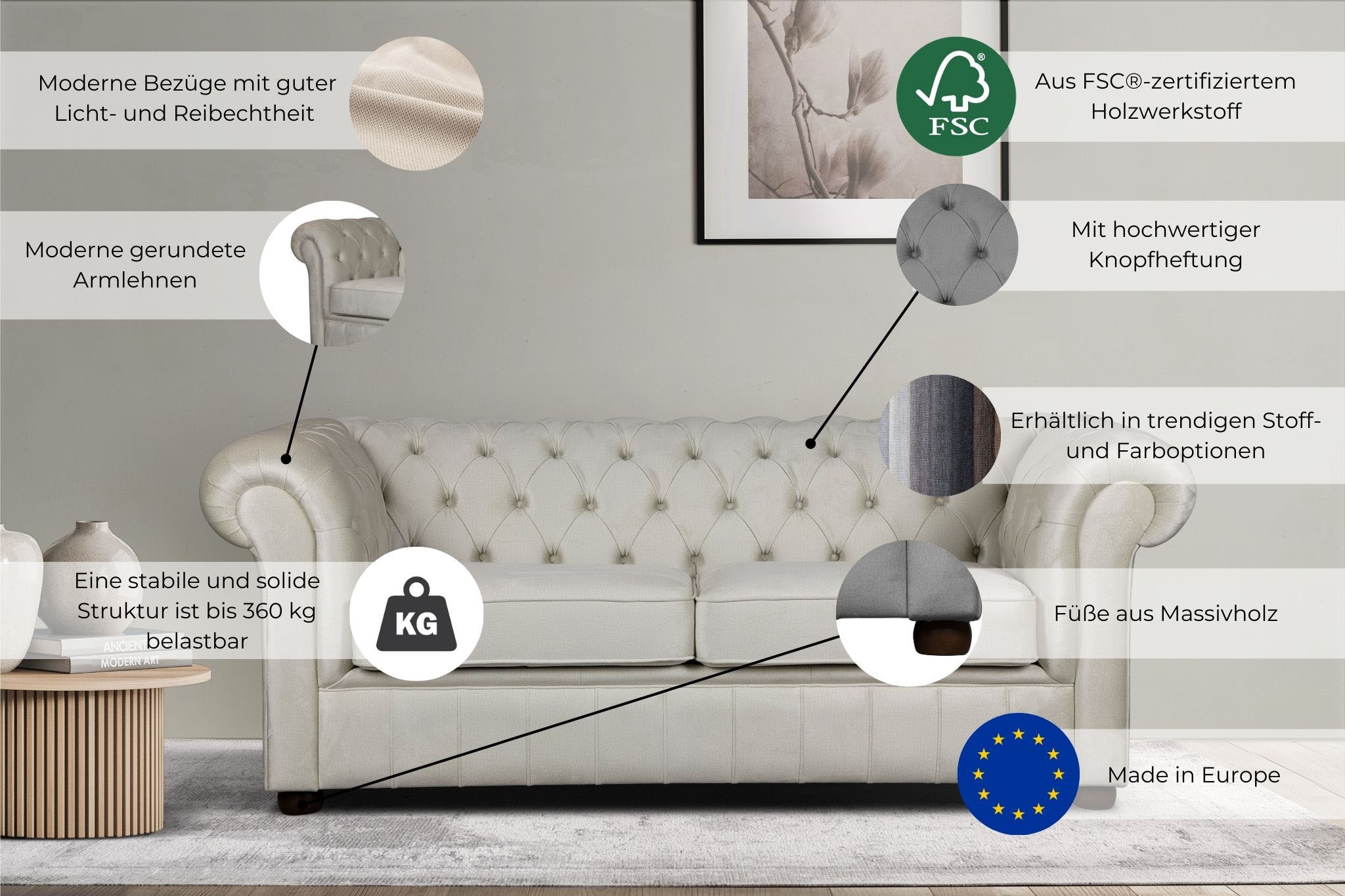 Home affaire 3-places »CHARENTE, optionale Schlafsofa, Chesterfield-Sofa, Bettfunktion« mit edler Knopfheftung und typischen Armlehnen, B/T/H 198/89/74 cm
