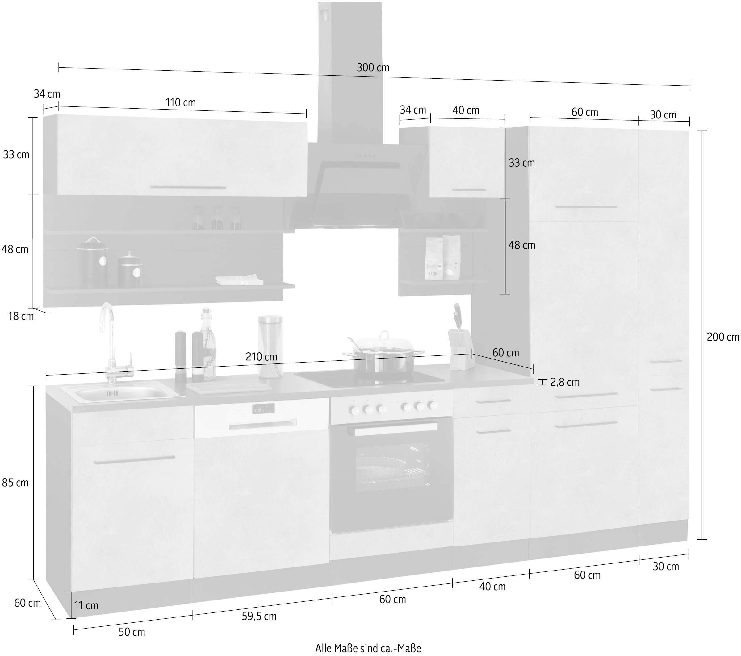 KOCHSTATION Küchenzeile »KS-Tulsa« ohne E-Geräte, Breite 300 cm, schwarze Metallgriffe, MDF Fronten