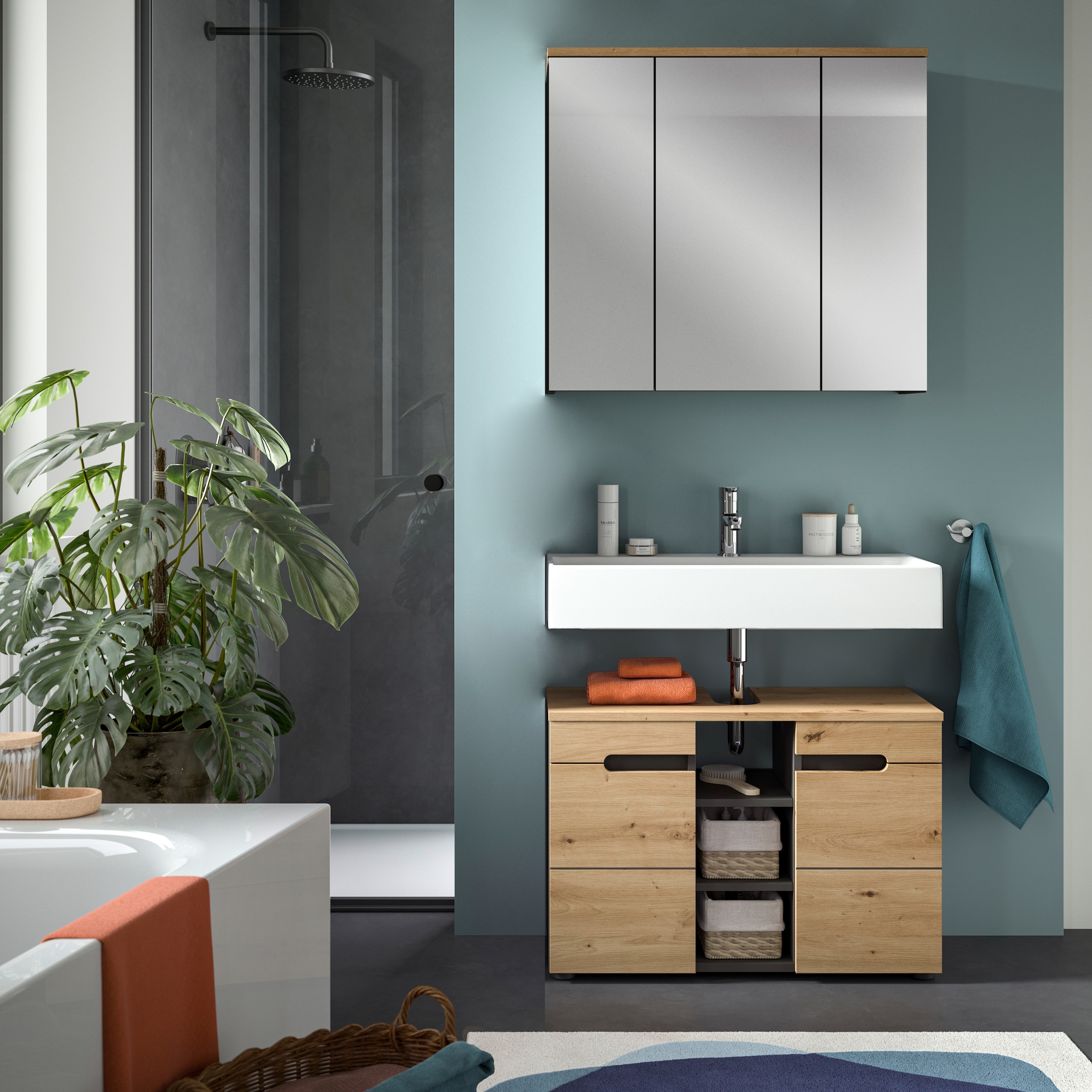 INOSIGN Spiegelschrank »REHAT, Breite 80 cm, 3 Spiegeltüren, 6 Einlegeböden« Türanschlag der mittleren Tür wechselbar, Grifflose Spiegelfront