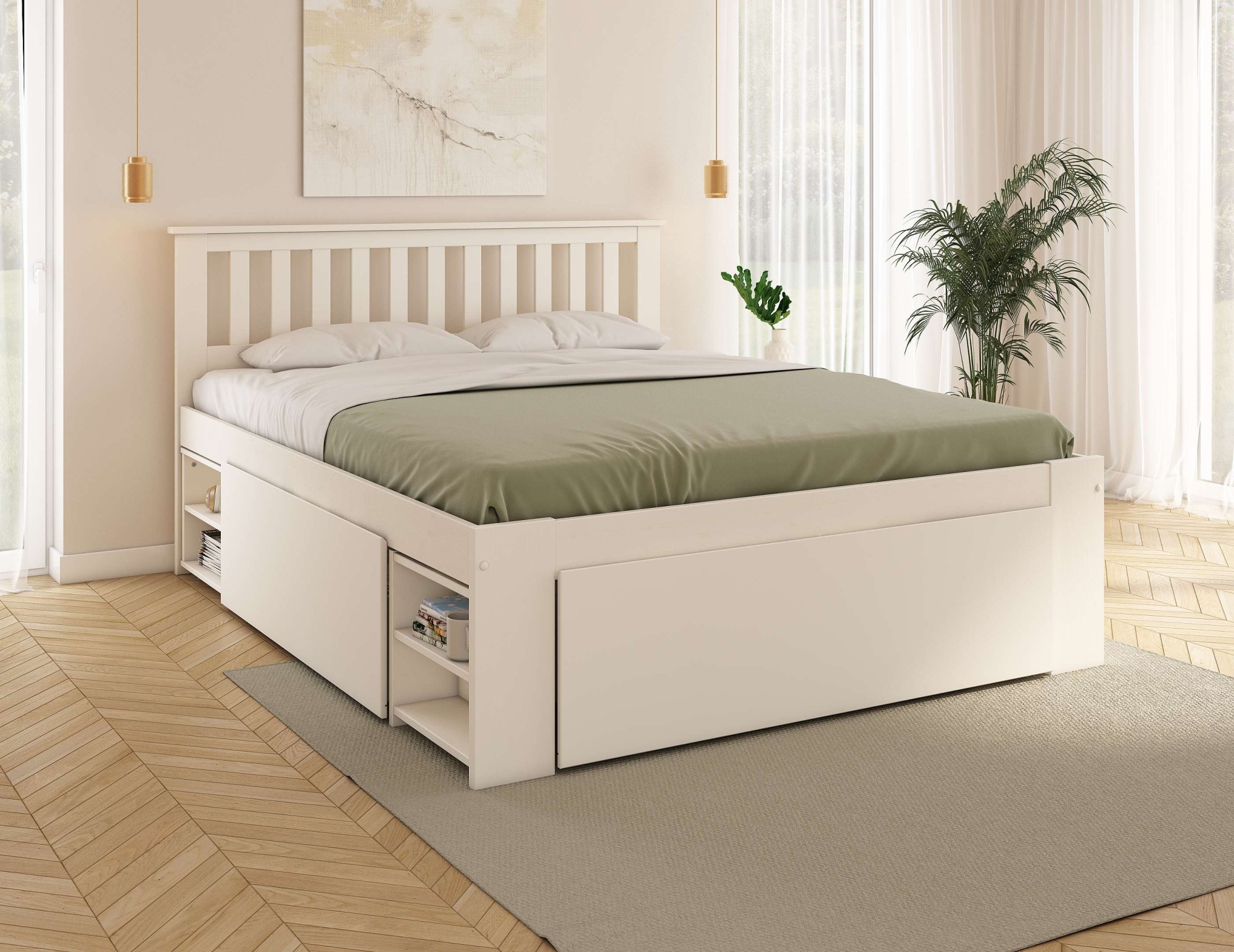 GOODproduct Lit en bois massif »Kallvin, platzsparend, 3 Bettkästen, Nachtschränke ausziehbar« comprend un sommier à lattes, 3 coffres de lit, certifié FSC®