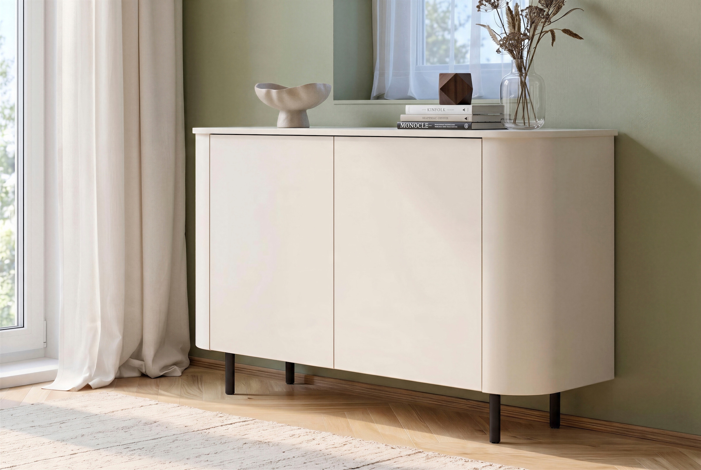 GOODproduct Sideboard »Lido, 181 cm breit, 3 Türen, Anrichte, Kommode, Stauraumschrank« Formgebogenes MDF, Stirnseiten mit Rundung, Push-to-open, Metallfüsse