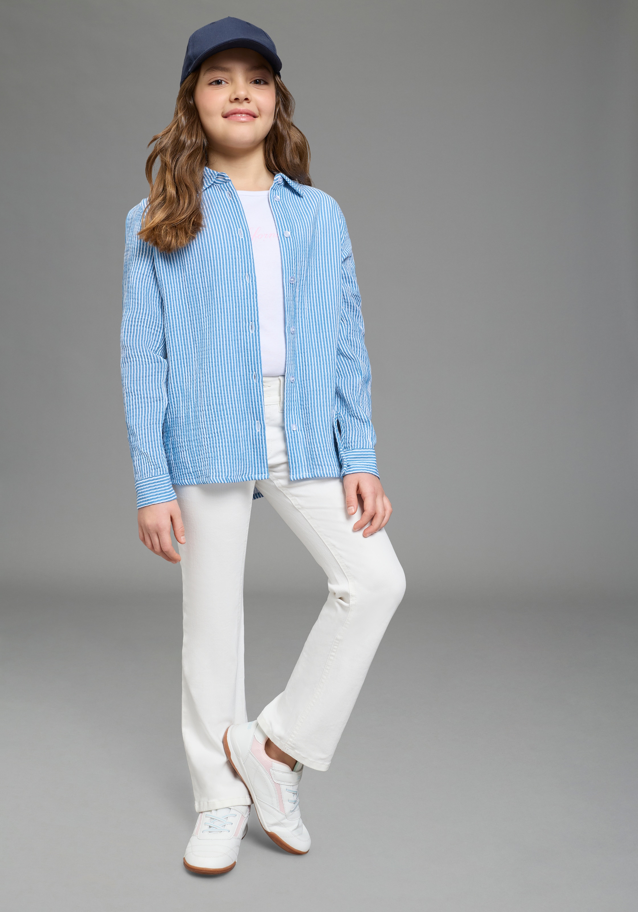 KangaROOS Hemdbluse »Kangaroos Musseline Bluse mit modischem Streifen« für Mädchen, Langarm mit Knöpfen am Ärmelabschluss, aus Baumwolle