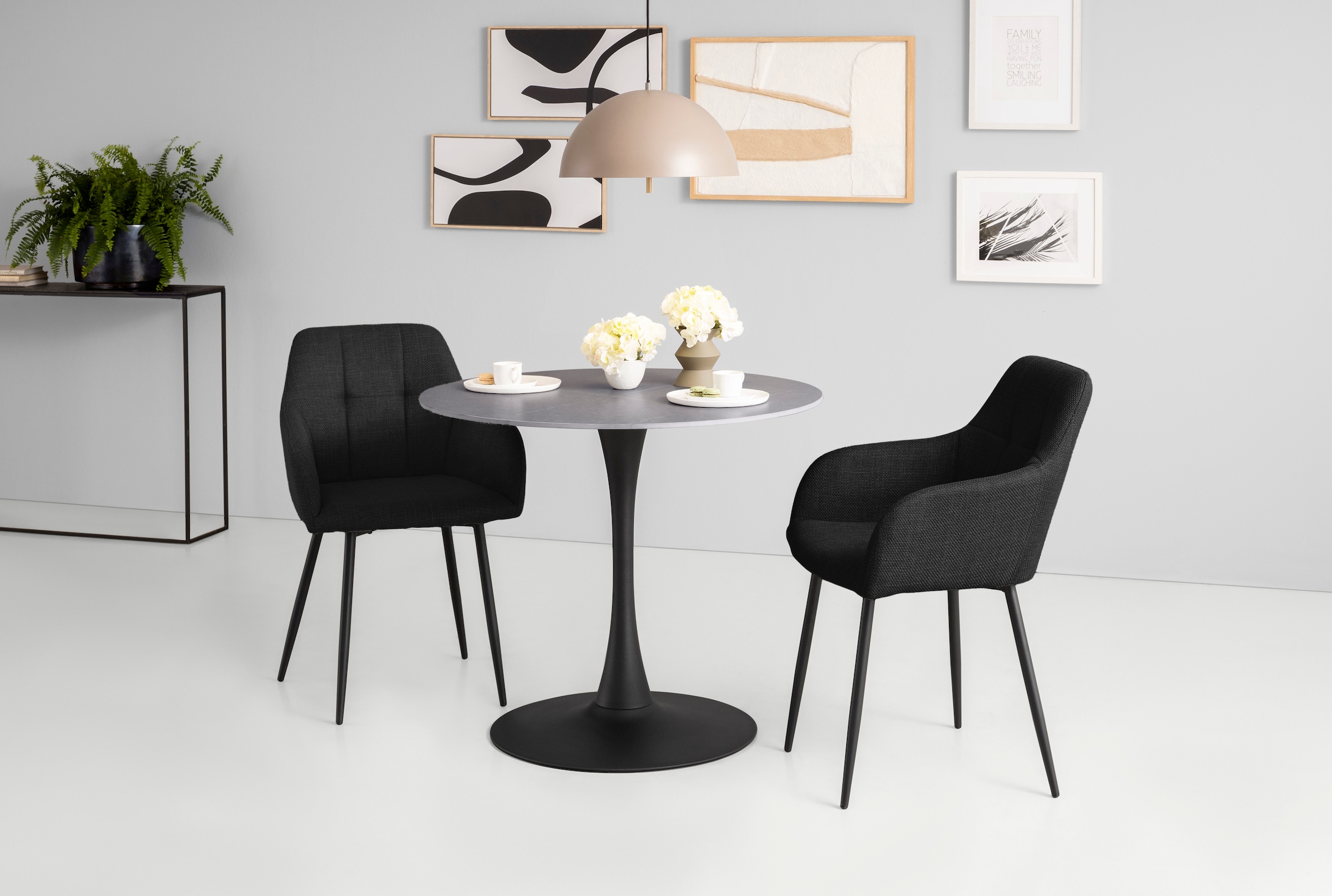 HELA Essgruppe »MOSEL« 3 Stk. tlg. Tisch 90x75 cm, Platte rund, gesinterter Stein, Armlehnenstuhl