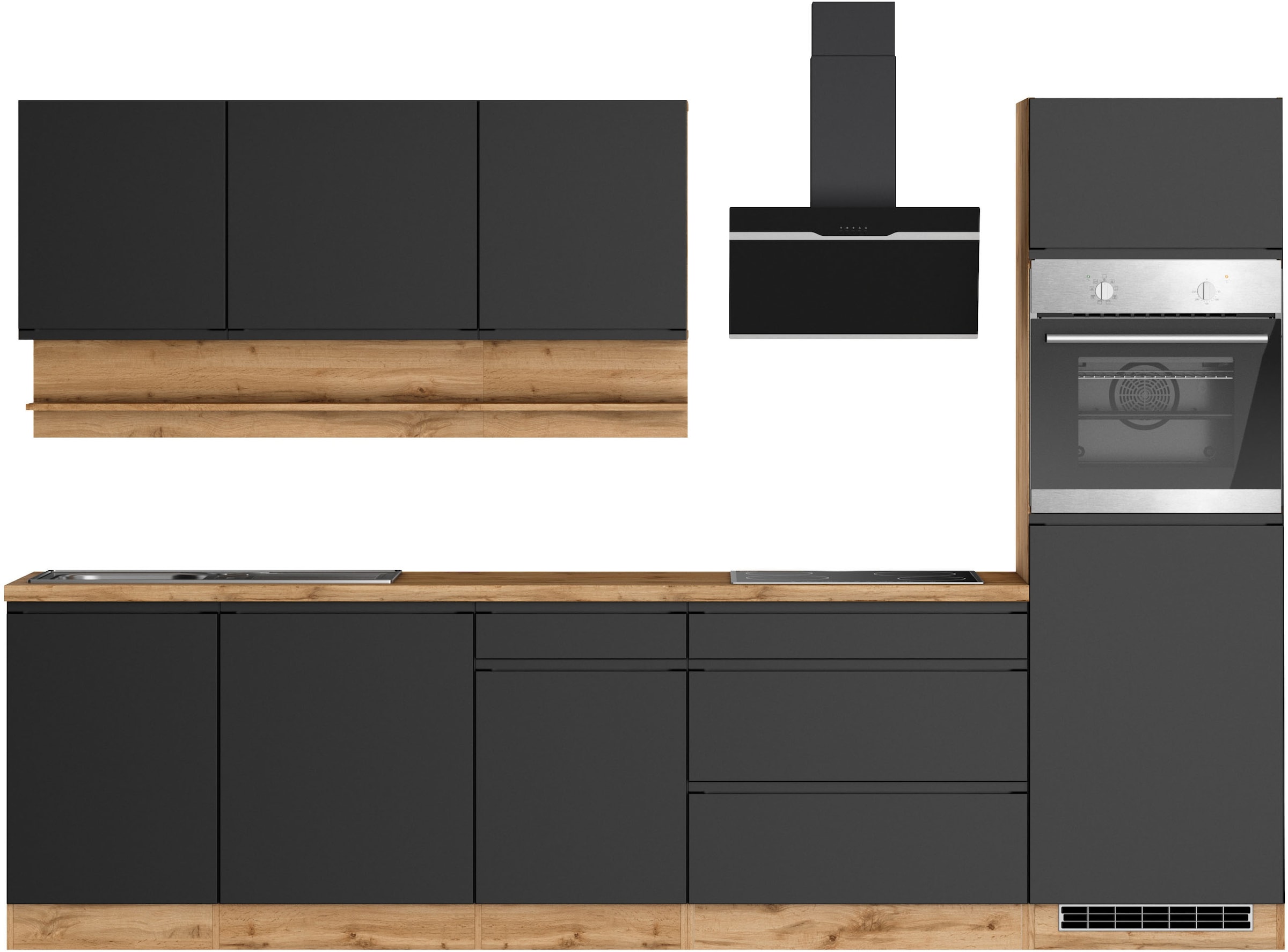 KOCHSTATION Kitchenette »KS-Virginia,neu in verbesserter Ausführung« plan de travail épaisseur 38 mm, rangement, fermeture douce,  largeur 300 cm, fermeture douce, avec appareils électriques en option