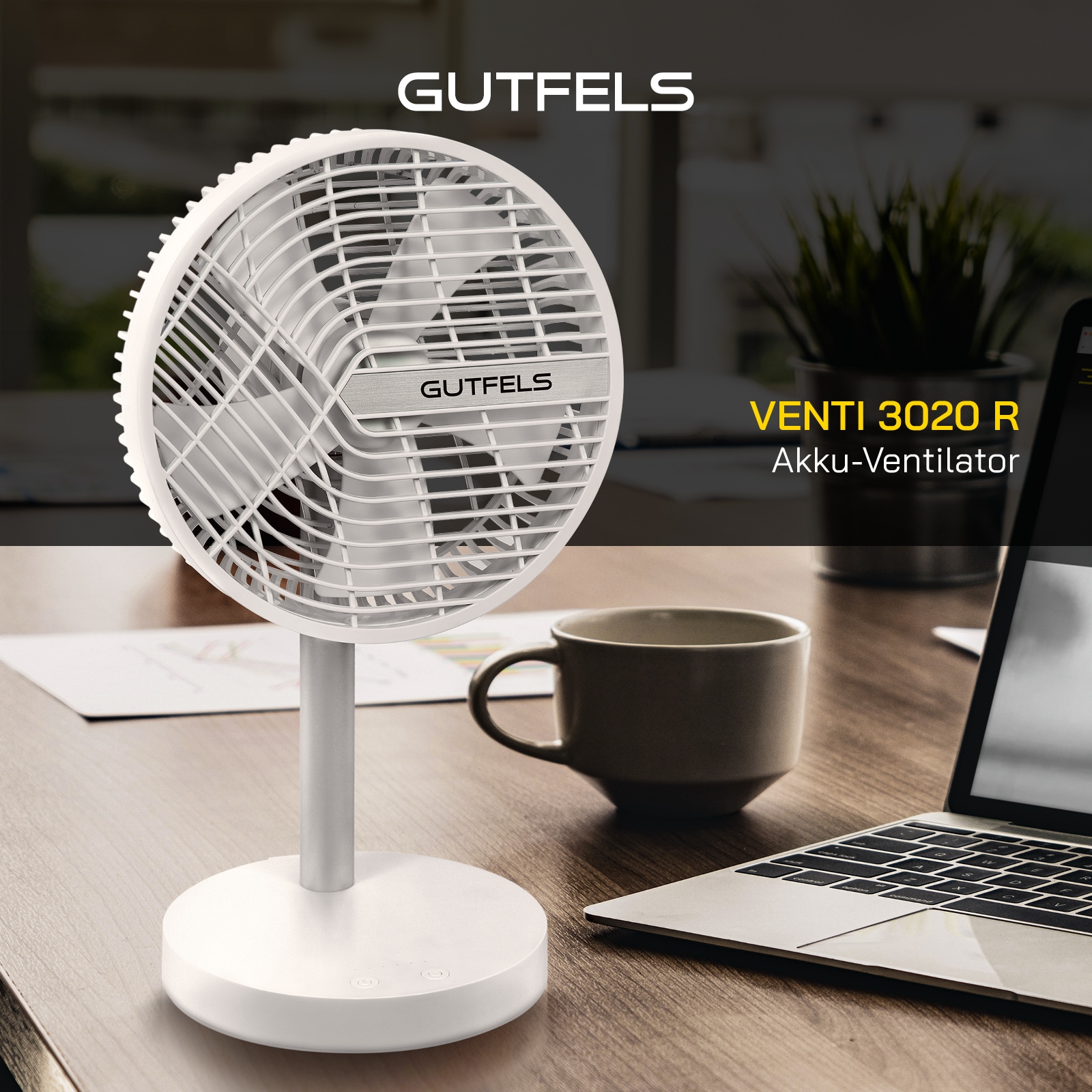Gutfels Tischventilator »»VENTI 3020 R«« 20 cm Durchmesser bis zu 10 h Akkulaufzeit, Ø 20 cm, 4 Stufen, leise, modernes Design