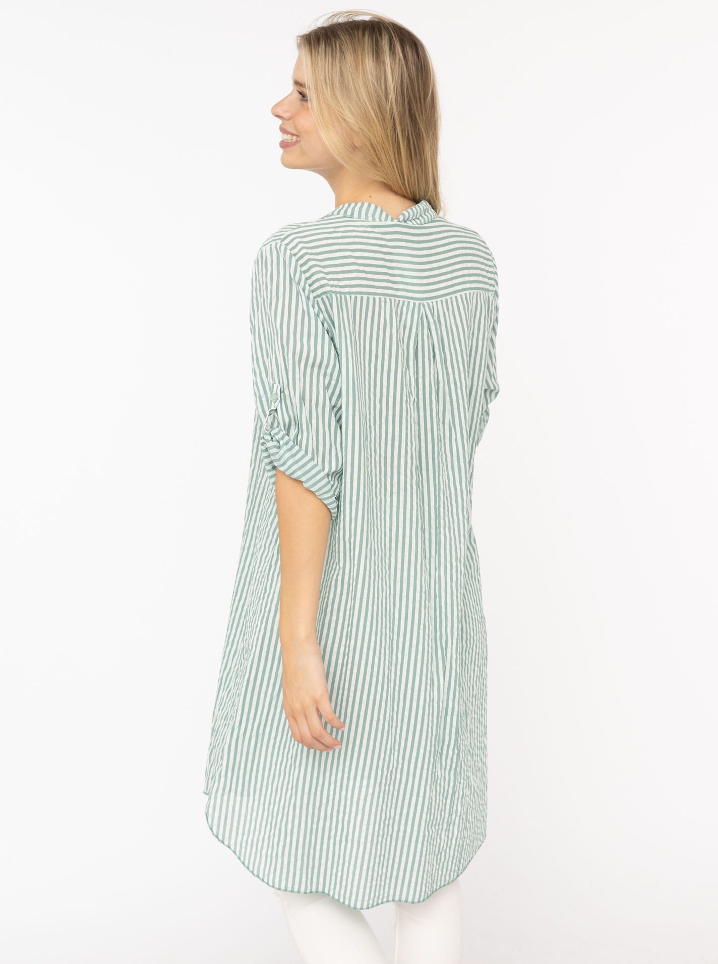 Zwillingsherz Chemisier long »"Kida"« taille unique, rayures, patte de boutonnage, poches poitrine, manches 3/4