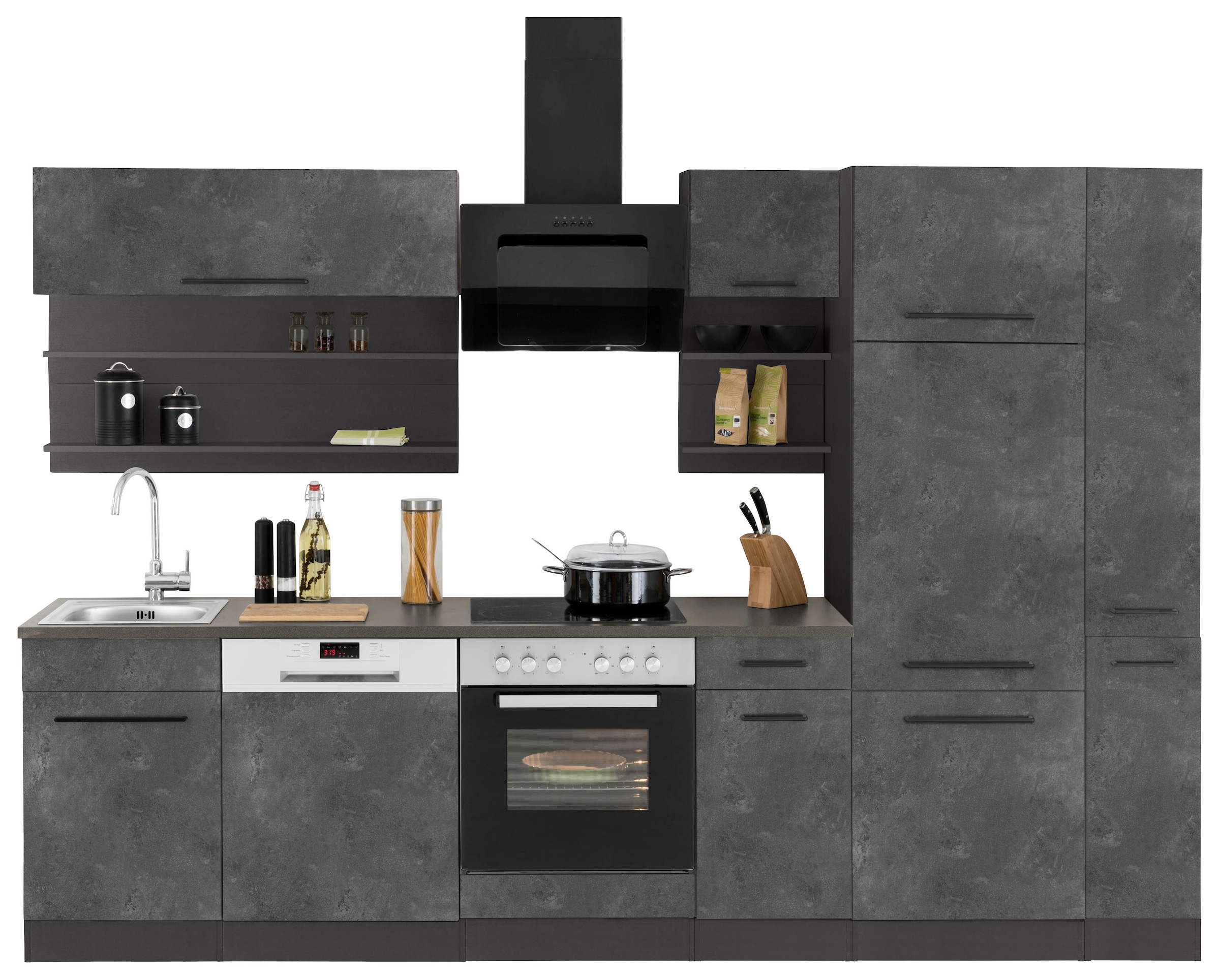 KOCHSTATION Küchenzeile »KS-Tulsa« ohne E-Geräte, Breite 300 cm, schwarze Metallgriffe, MDF Fronten