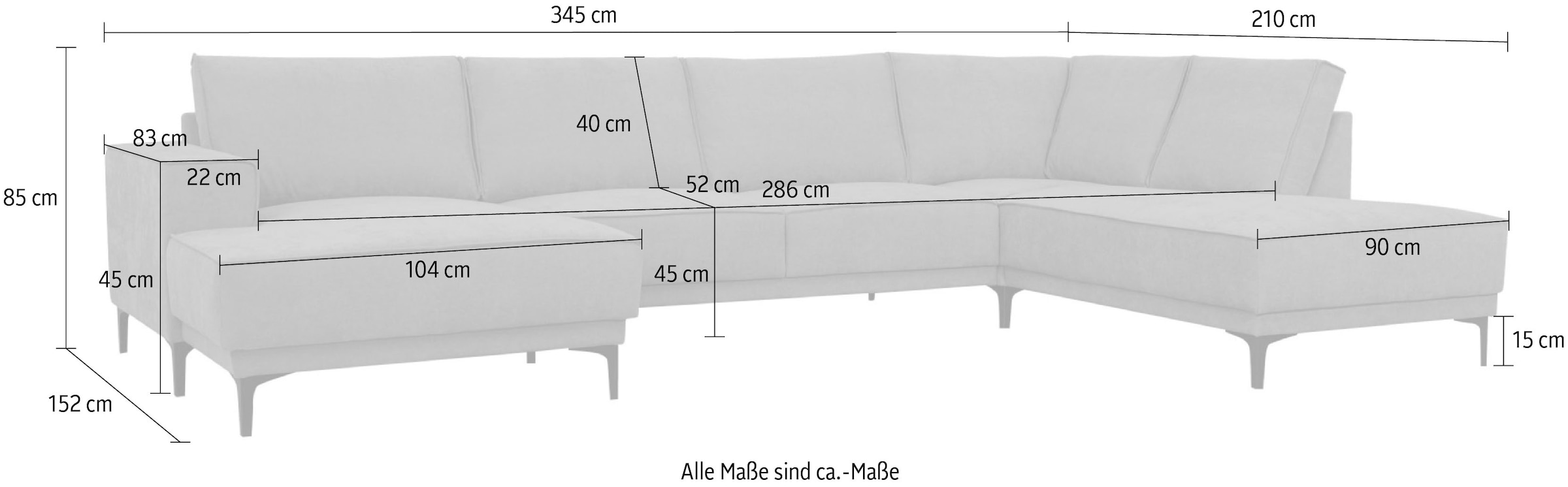 GOODproduct Paysage de salon »OLAND Struktur fein U-Form, XXL, B: 345 cm, Skandi-Design« Forme en U, 345 cm, suspension à ressorts ondulés, design scandinave, pieds en métal