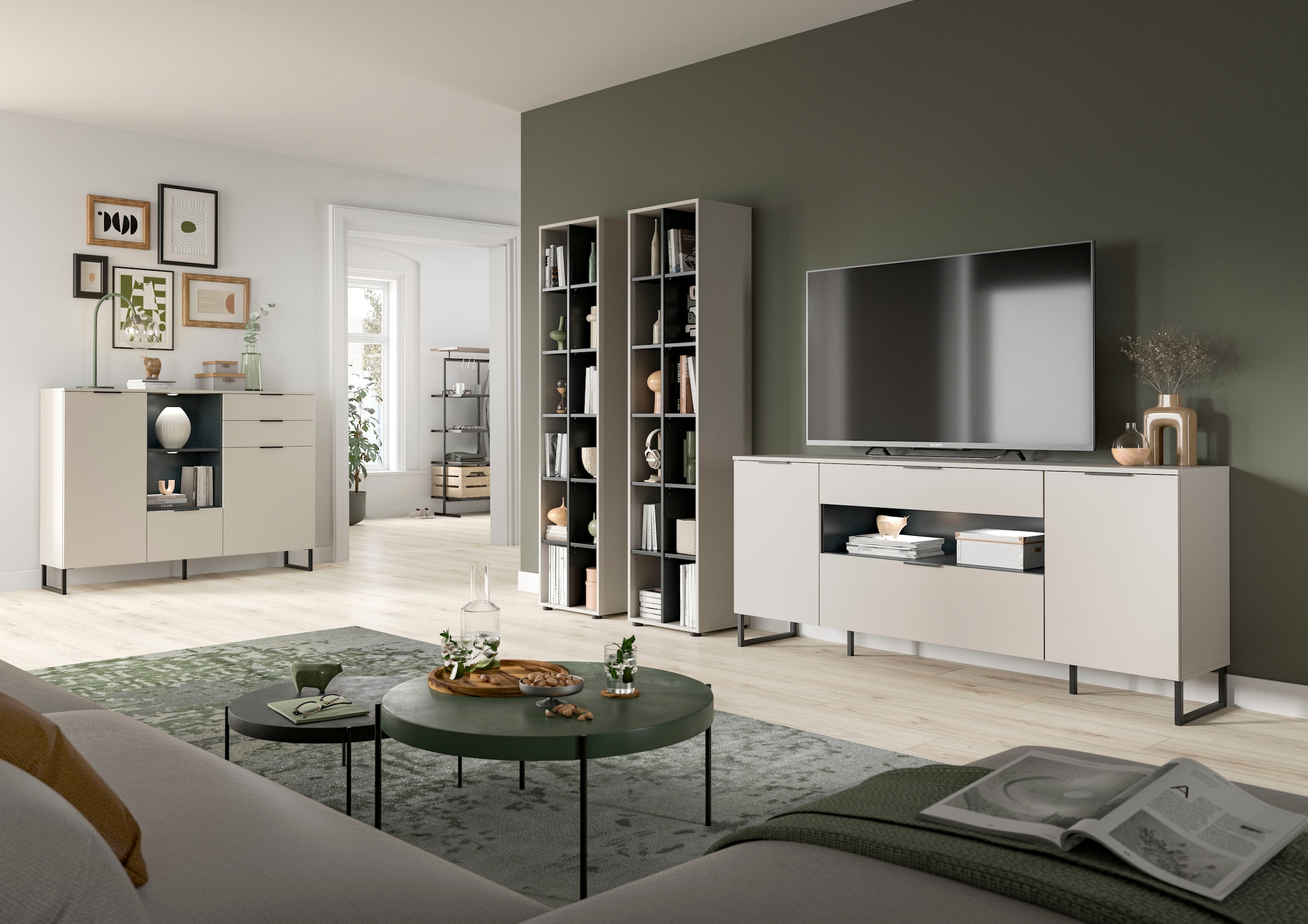 Home affaire Meuble mural »ADIO, Breite 305 cm, 3-teiliges Set, mit Metall-Kufenfüsse« Set, bestehend aus: 2x Standregal und Sideboard, 3 cuis tlg.