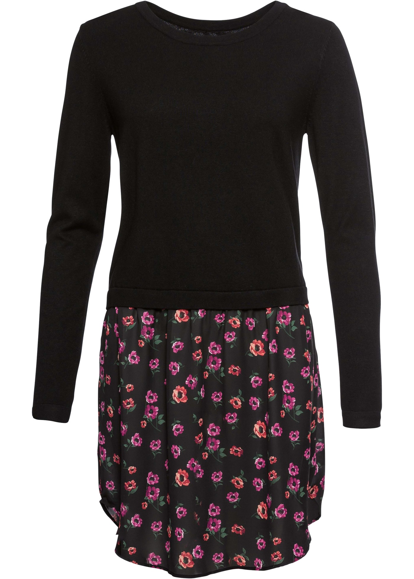 bonprix Strickpullover »Feinstrickpullover mit Rockansatz« Feinstrickpullover mit Rundhalsausschnitt und mit blumigem Rockansatz