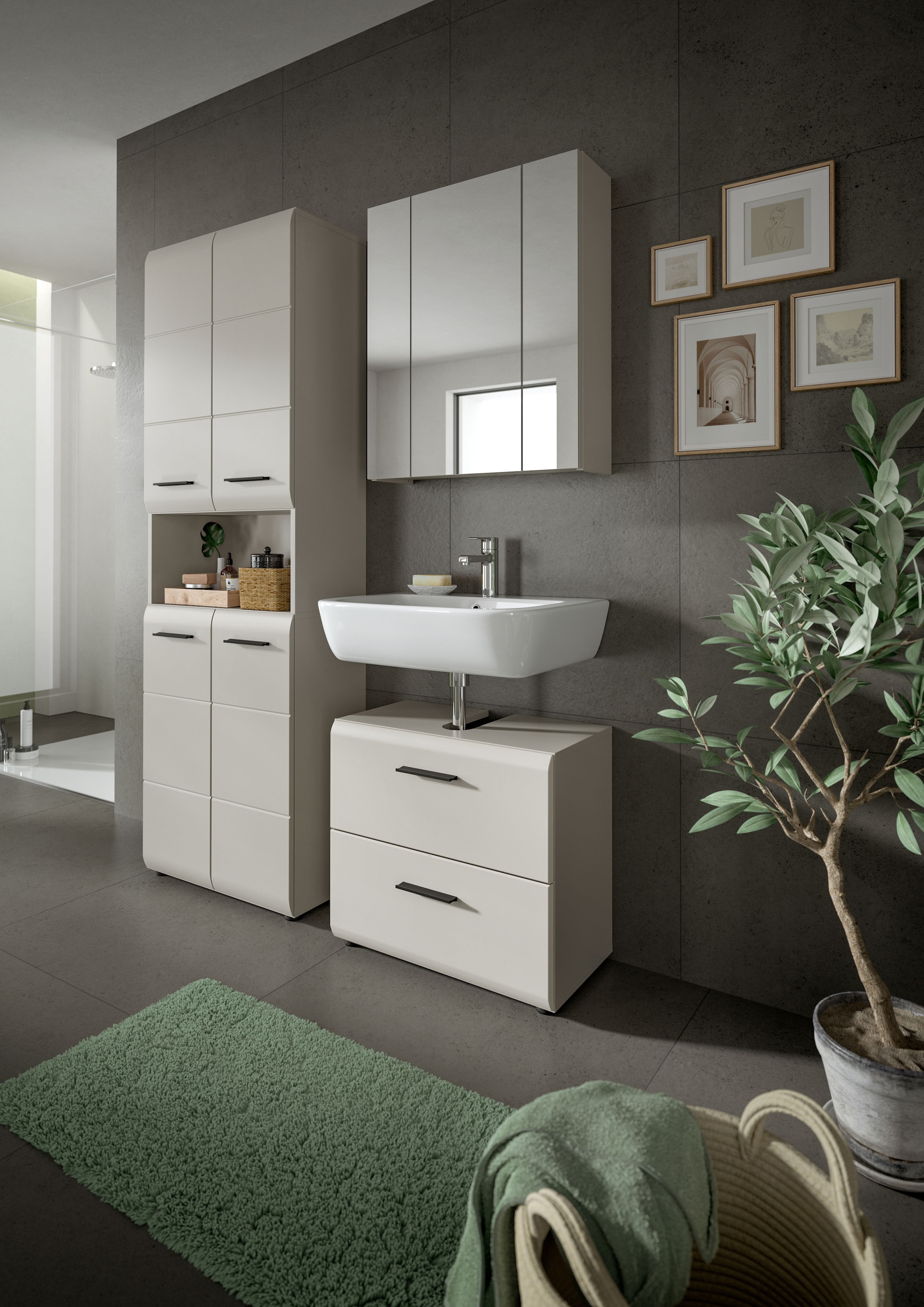 welltime Stauraumschrank »FLORENZ,  Höhe 185 cm, 4 oder 6 Türen, viel Stauraum« TOPSELLER!, 1 Stk. tlg. hochwertige MDF Front, Griff schwarz, Badschrank, Bad
