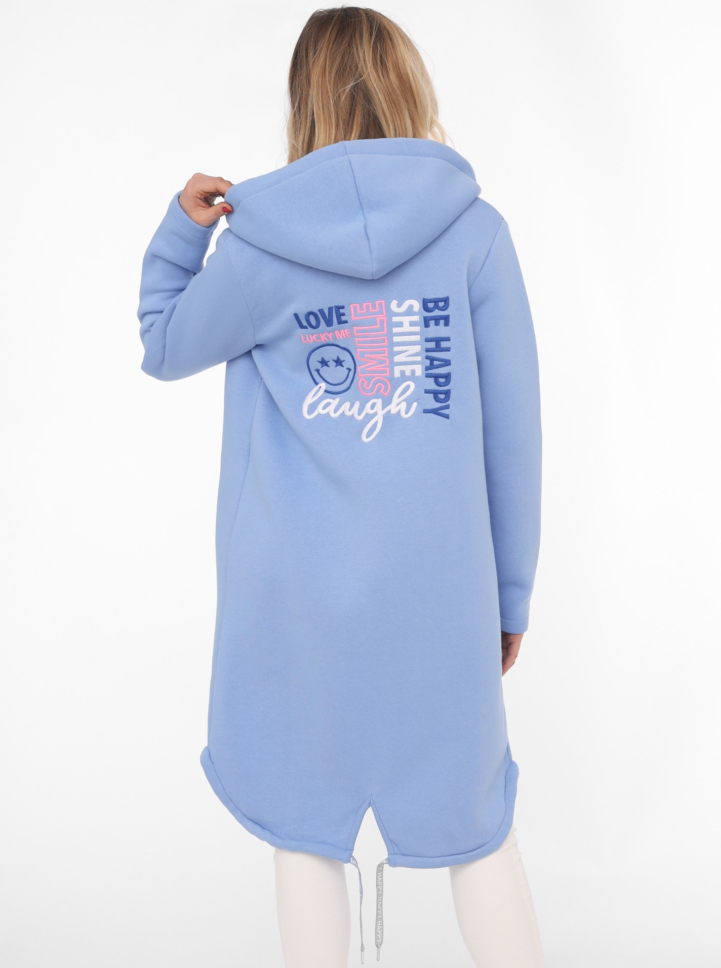 Zwillingsherz Manteau en jersey »"Be happy & shine"« mit auffälig gesticktem Front und Back Motiv